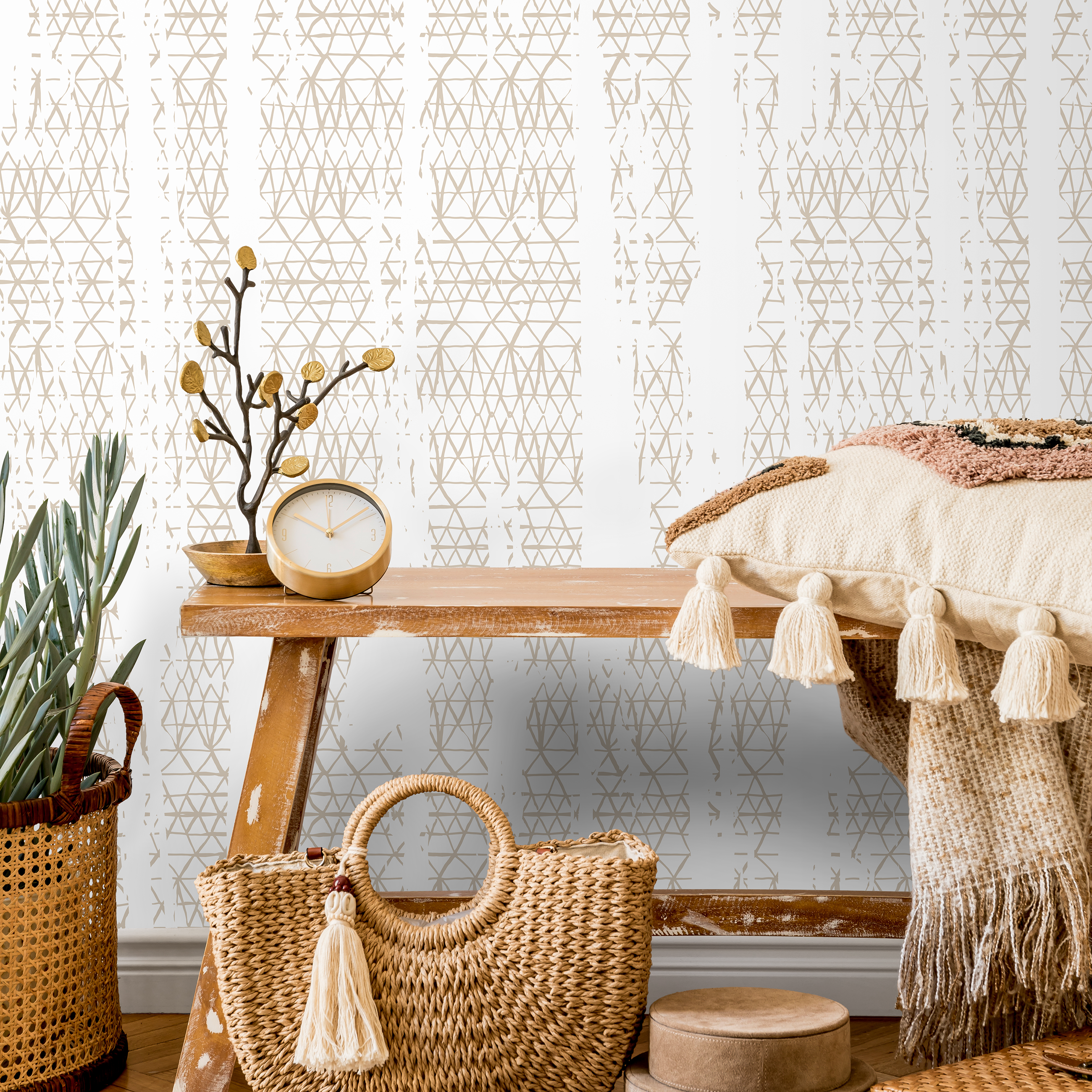 Geometric Wallpaper With A Distressed Triangle Motif In Beige - A634