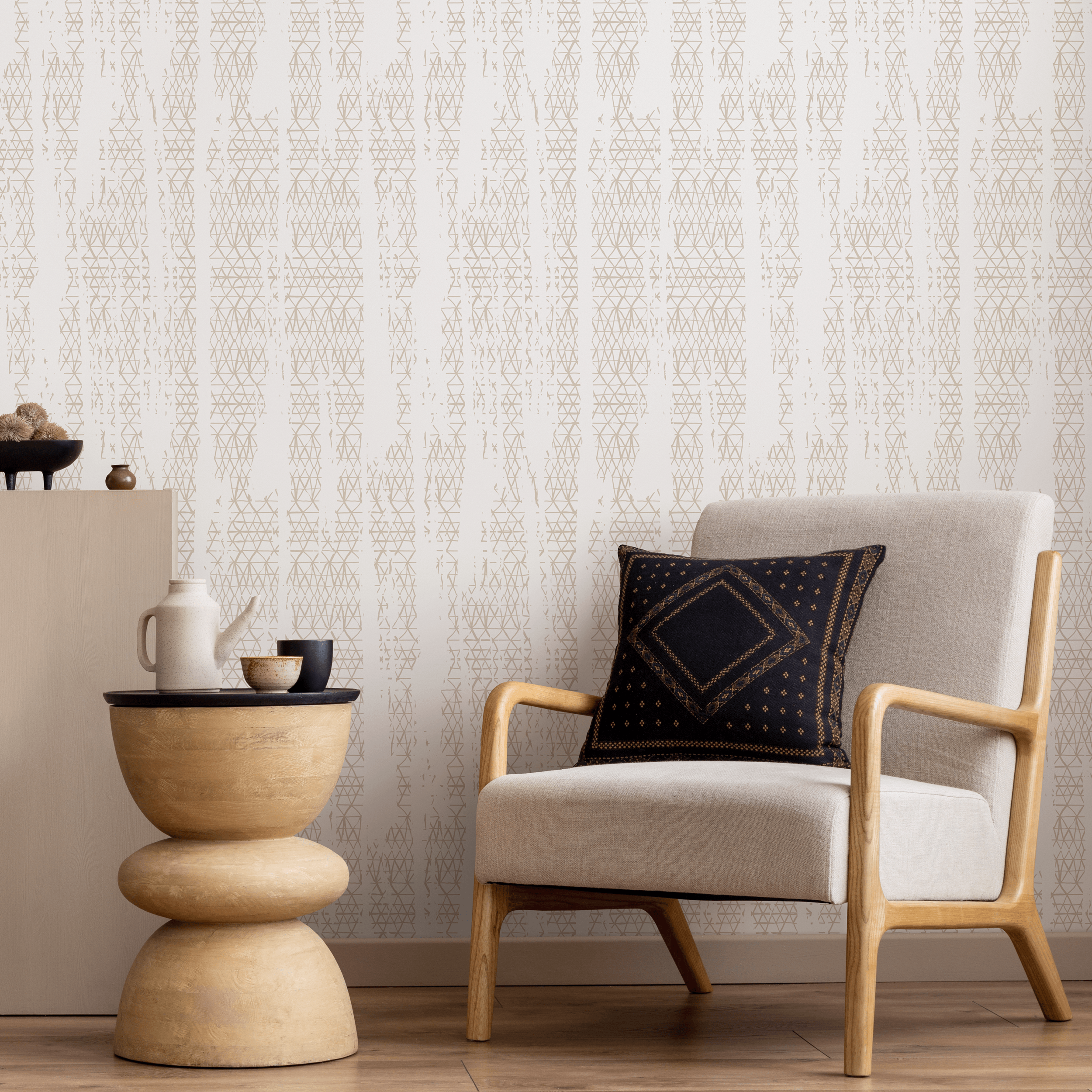 Geometric Wallpaper With A Distressed Triangle Motif In Beige - A634