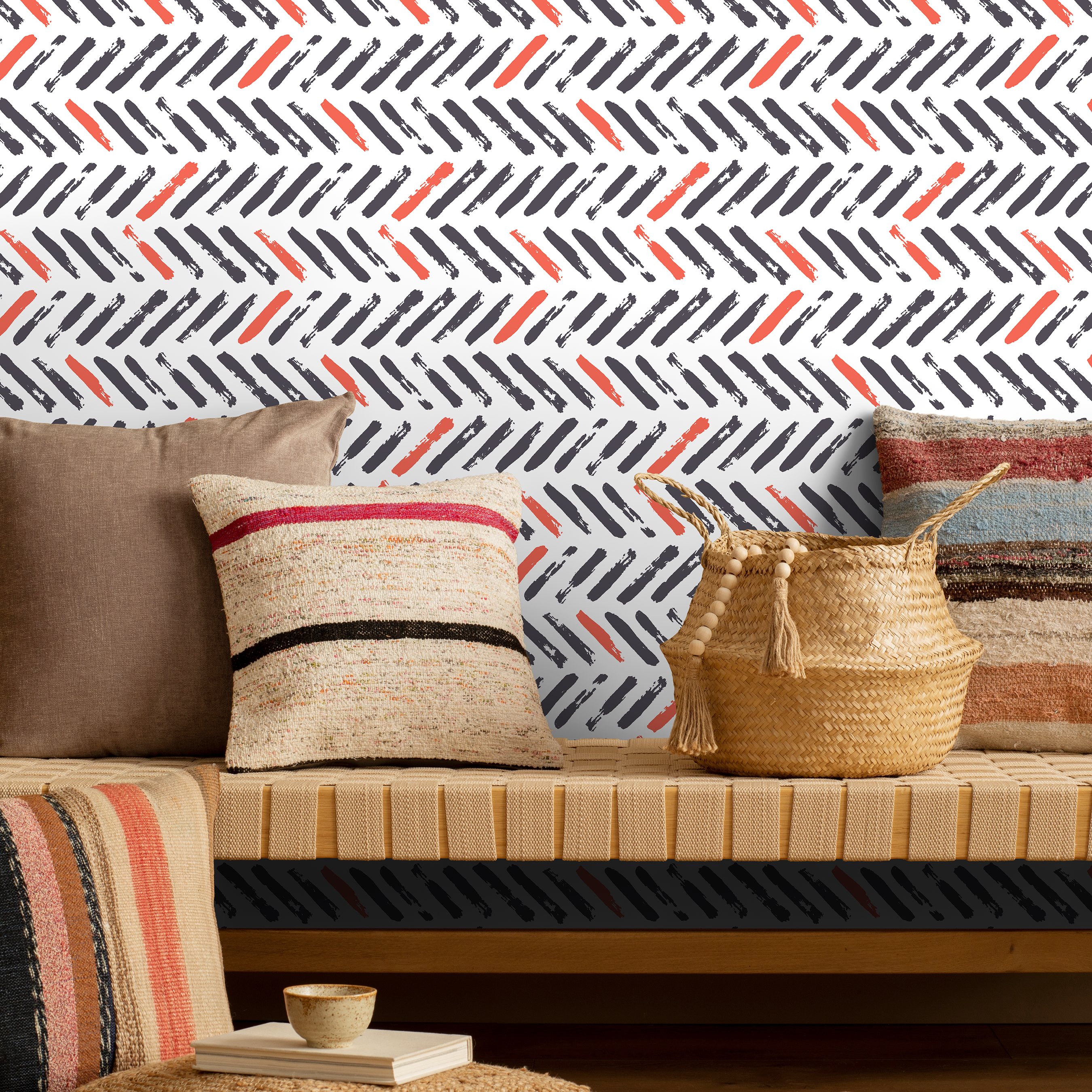Chevron Wallpaper With A Brushstroke Motif In Gray And Red - A637