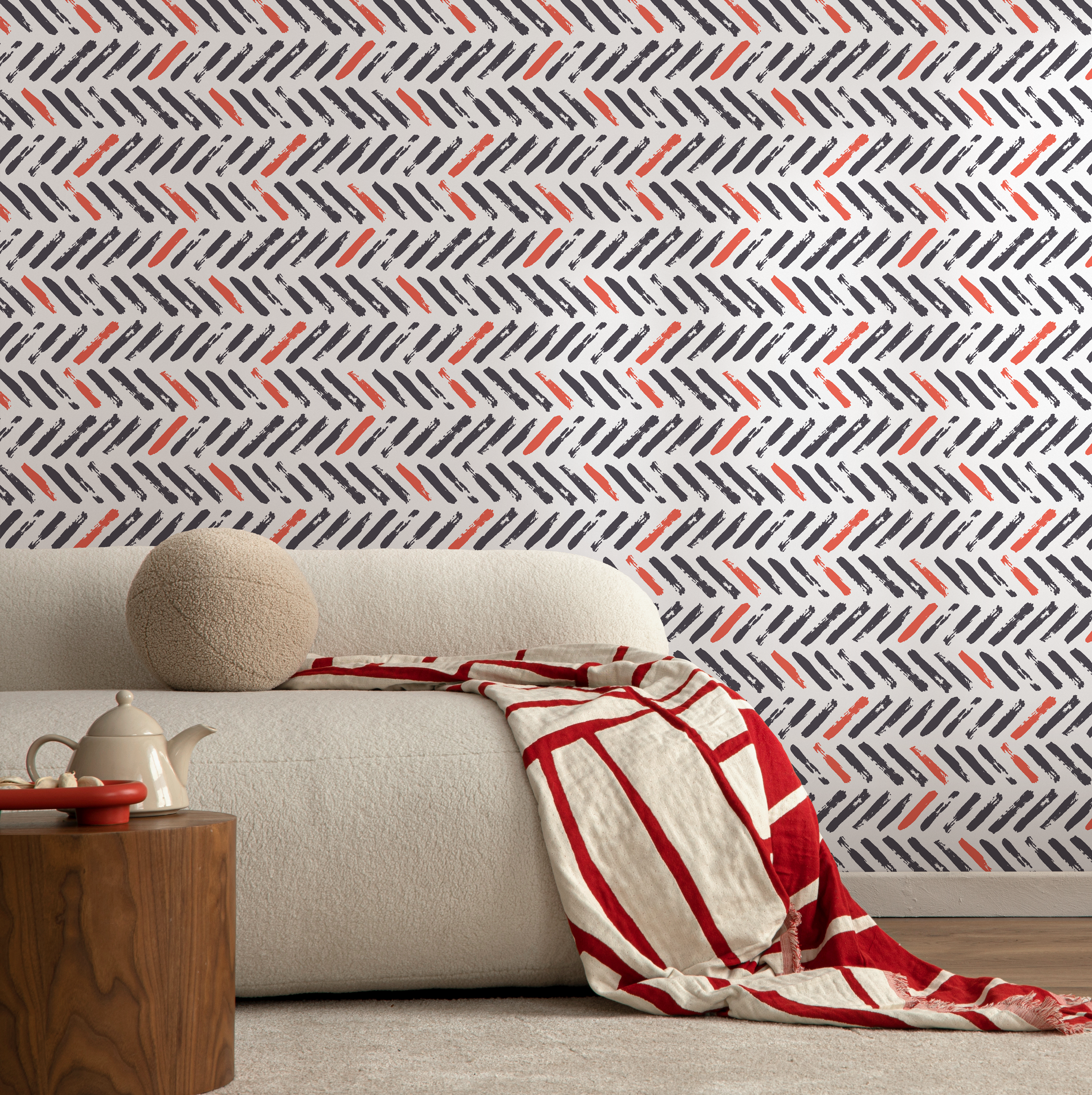 Chevron Wallpaper With A Brushstroke Motif In Gray And Red - A637