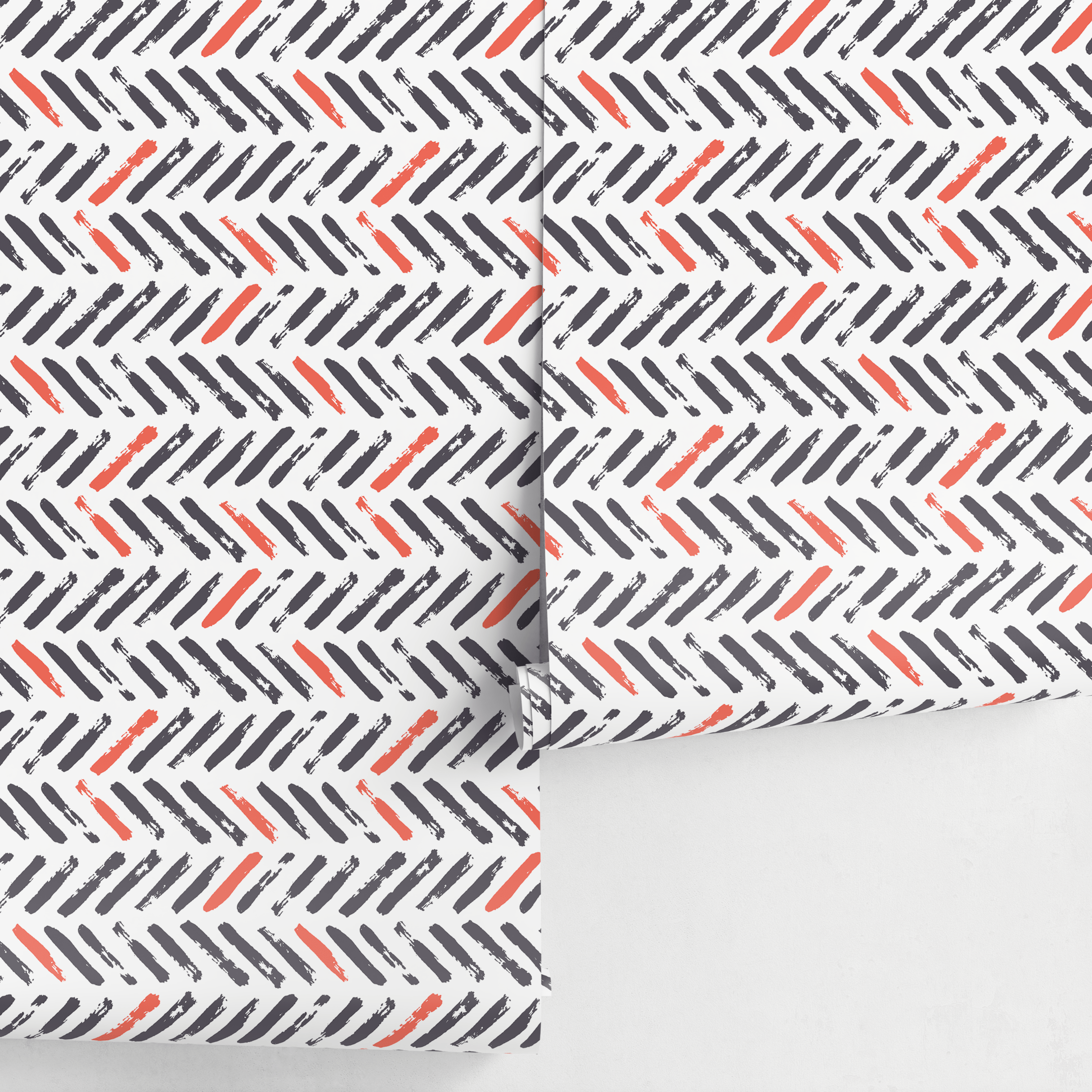 Chevron Wallpaper With A Brushstroke Motif In Gray And Red - A637