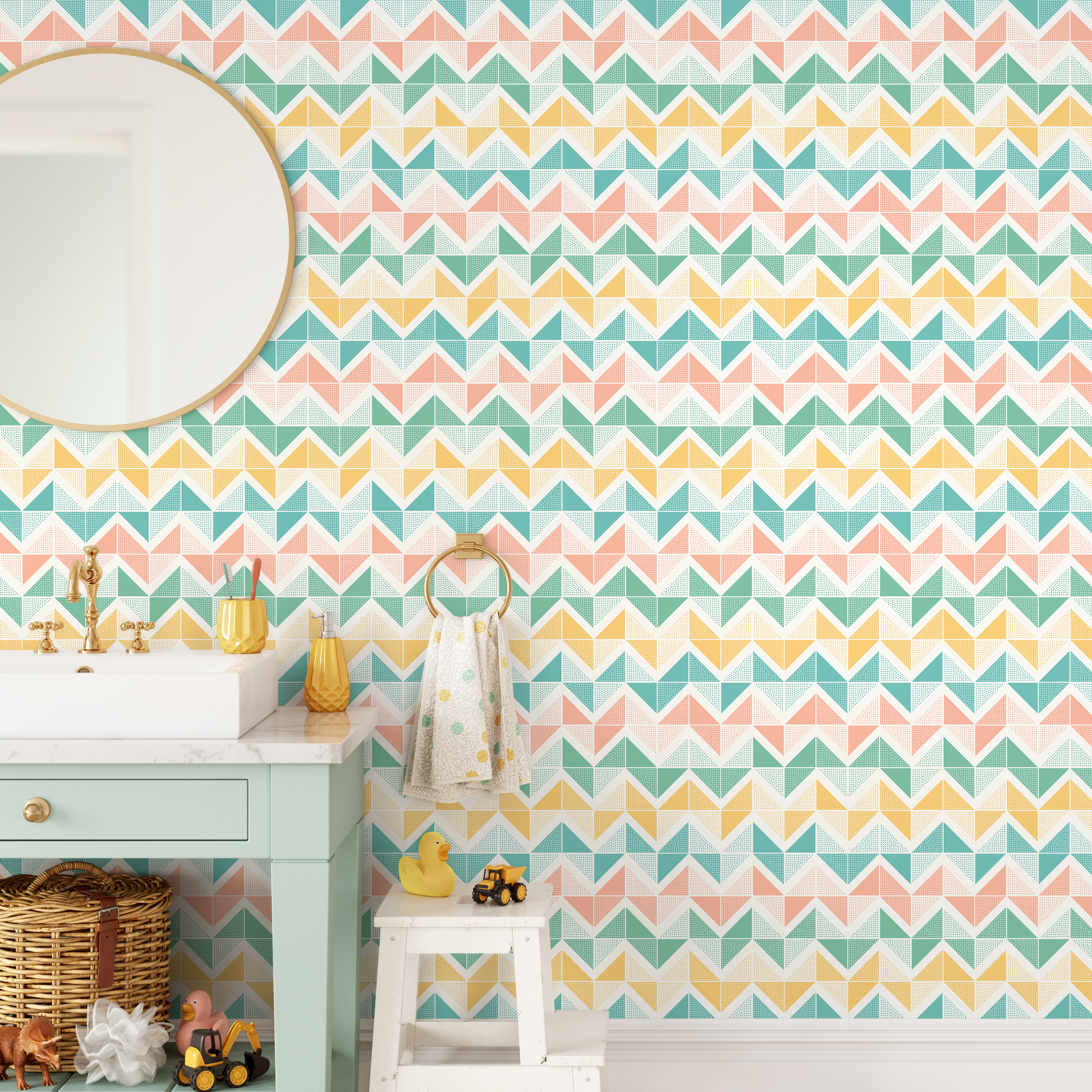 Geometric Wallpaper With Dotted Triangles In Pink, Yellow, And Teal - A639