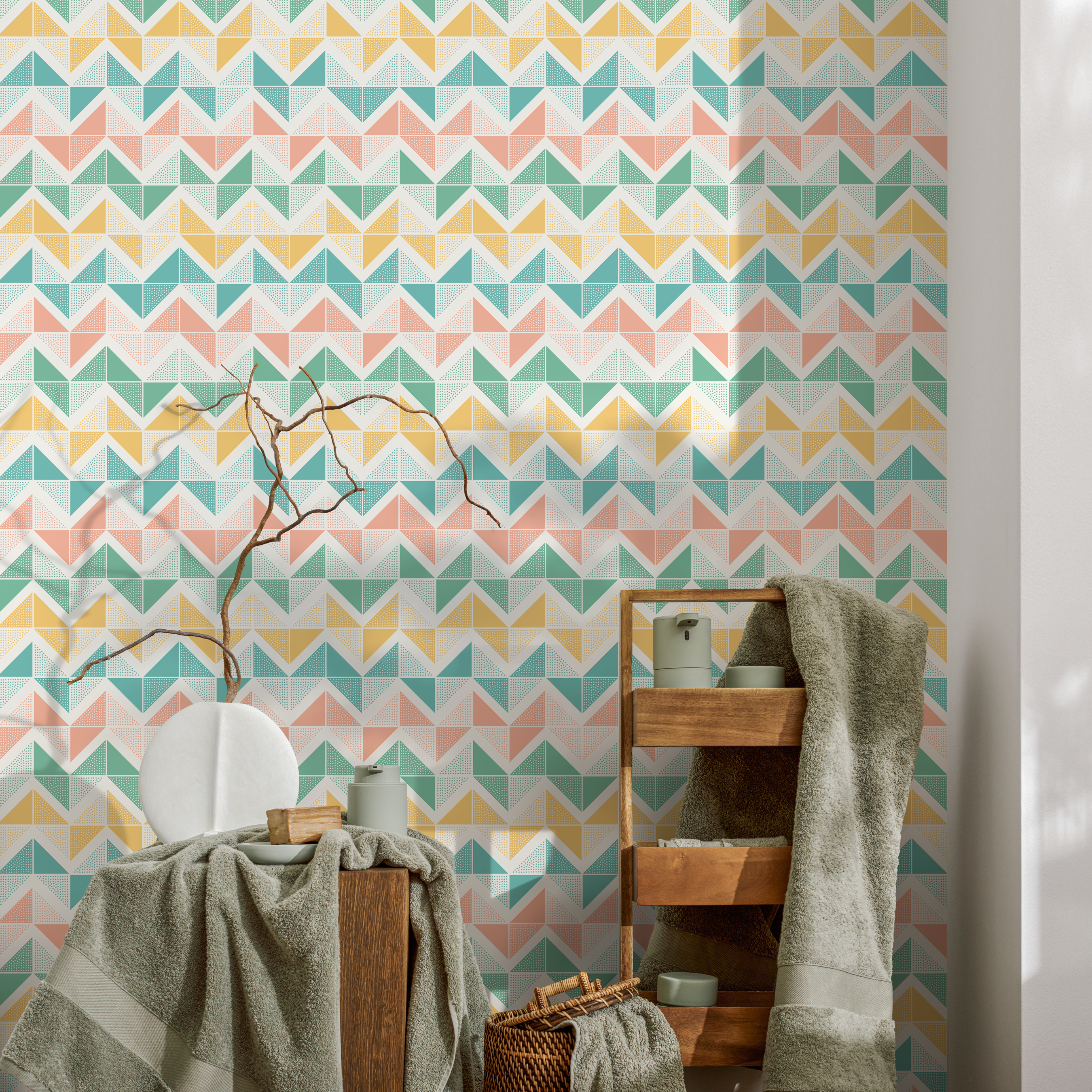 Geometric Wallpaper With Dotted Triangles In Pink, Yellow, And Teal - A639