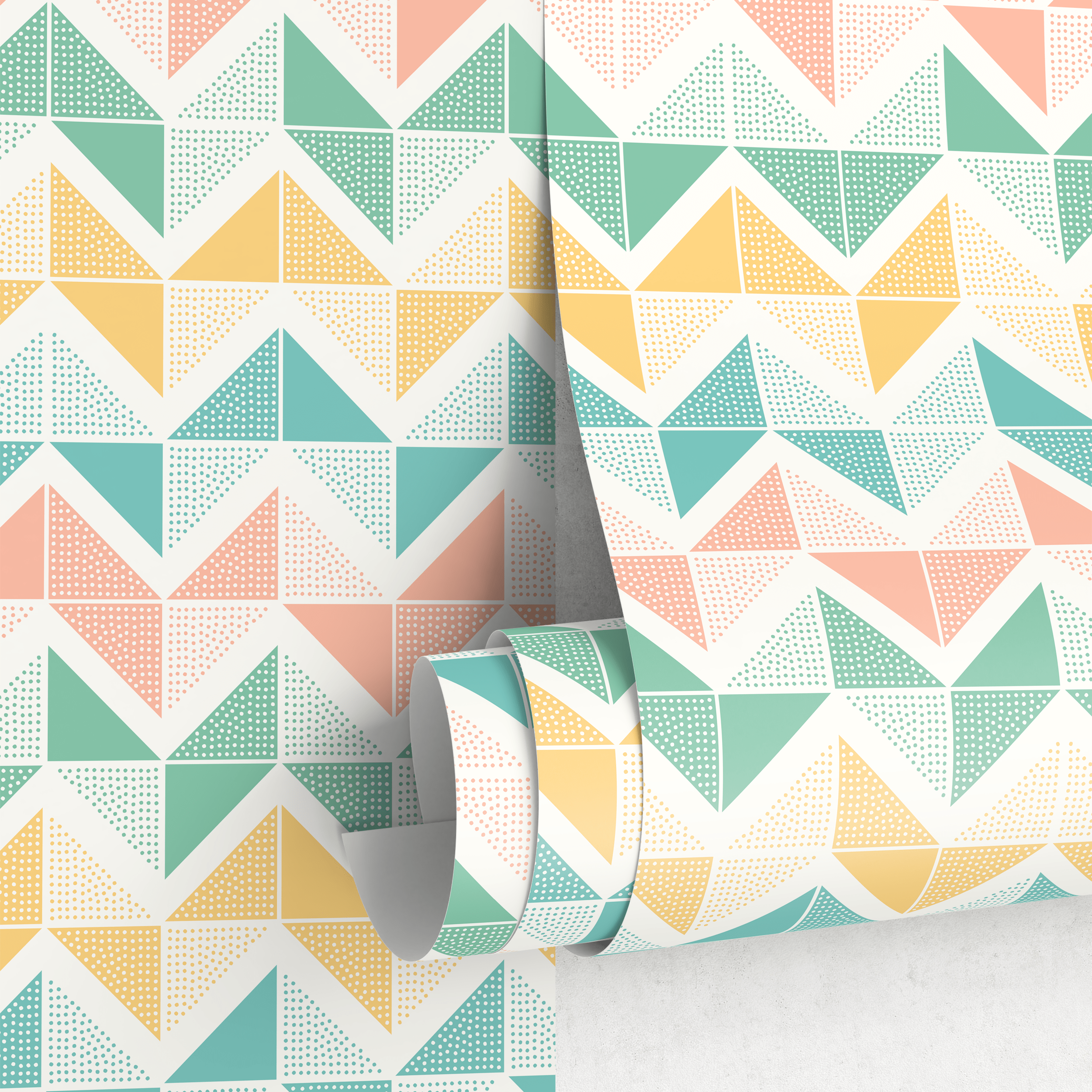 Geometric Wallpaper With Dotted Triangles In Pink, Yellow, And Teal - A639