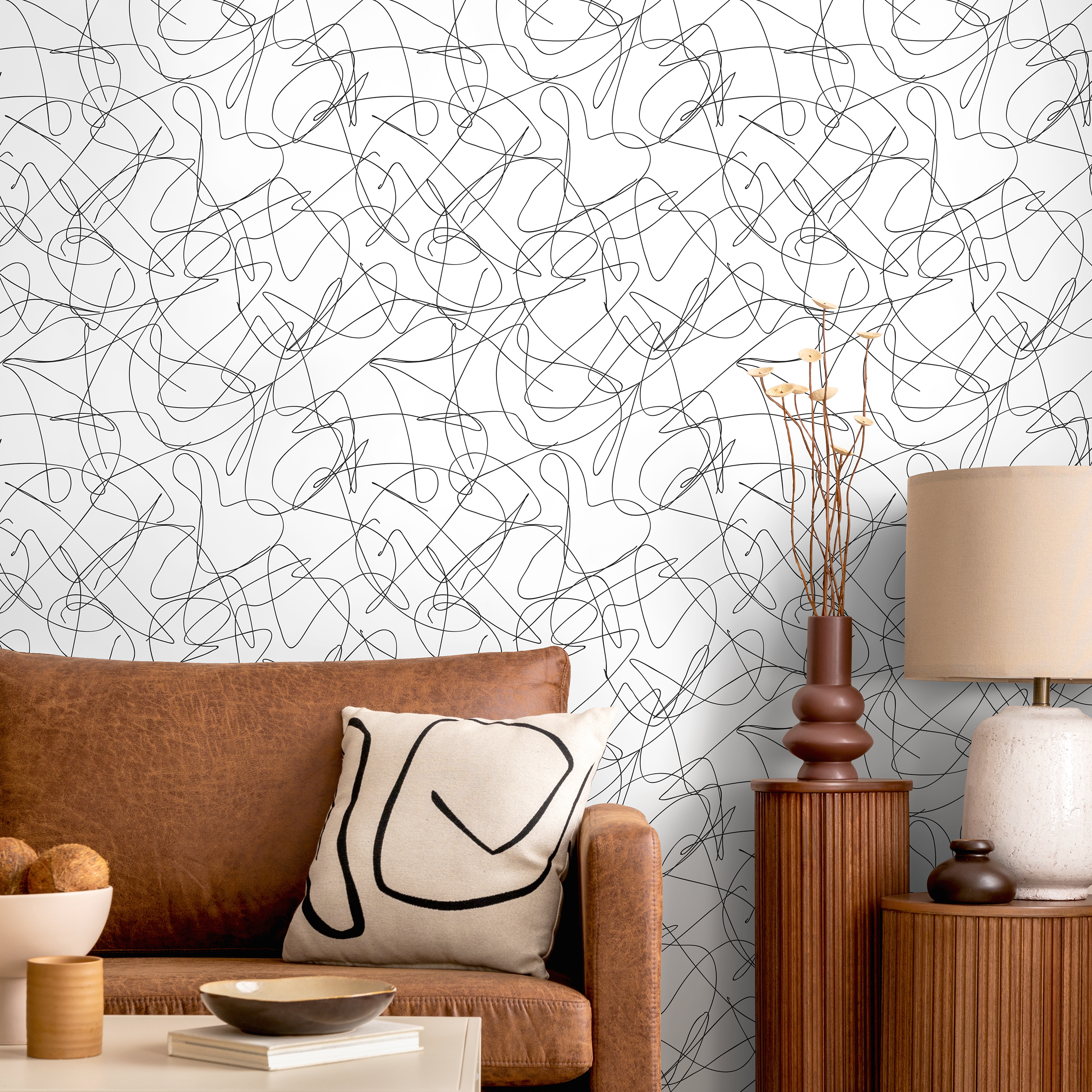 Abstract Wallpaper Featuring A Scribble Line Motif In Black And White - A642