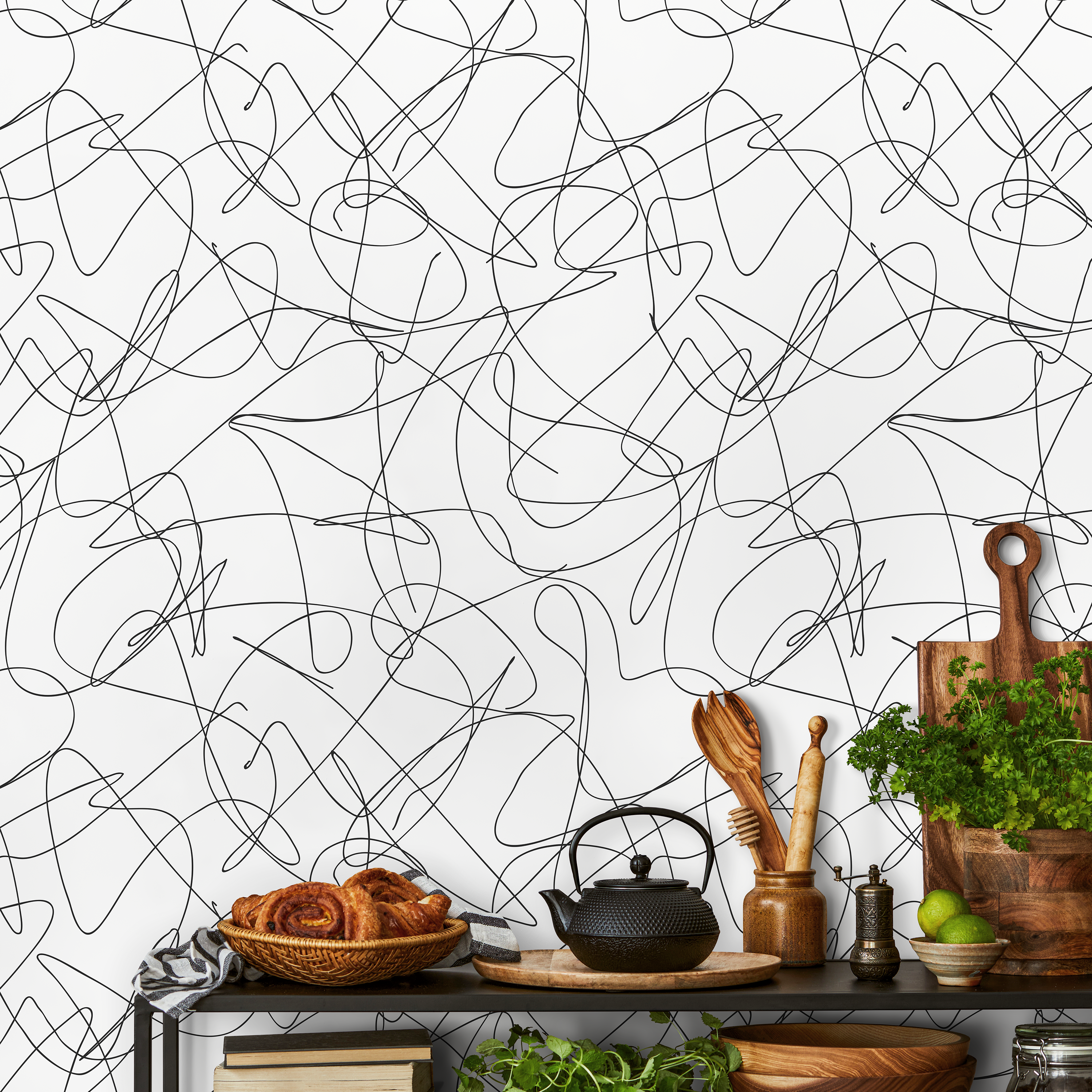 Abstract Wallpaper Featuring A Scribble Line Motif In Black And White - A642