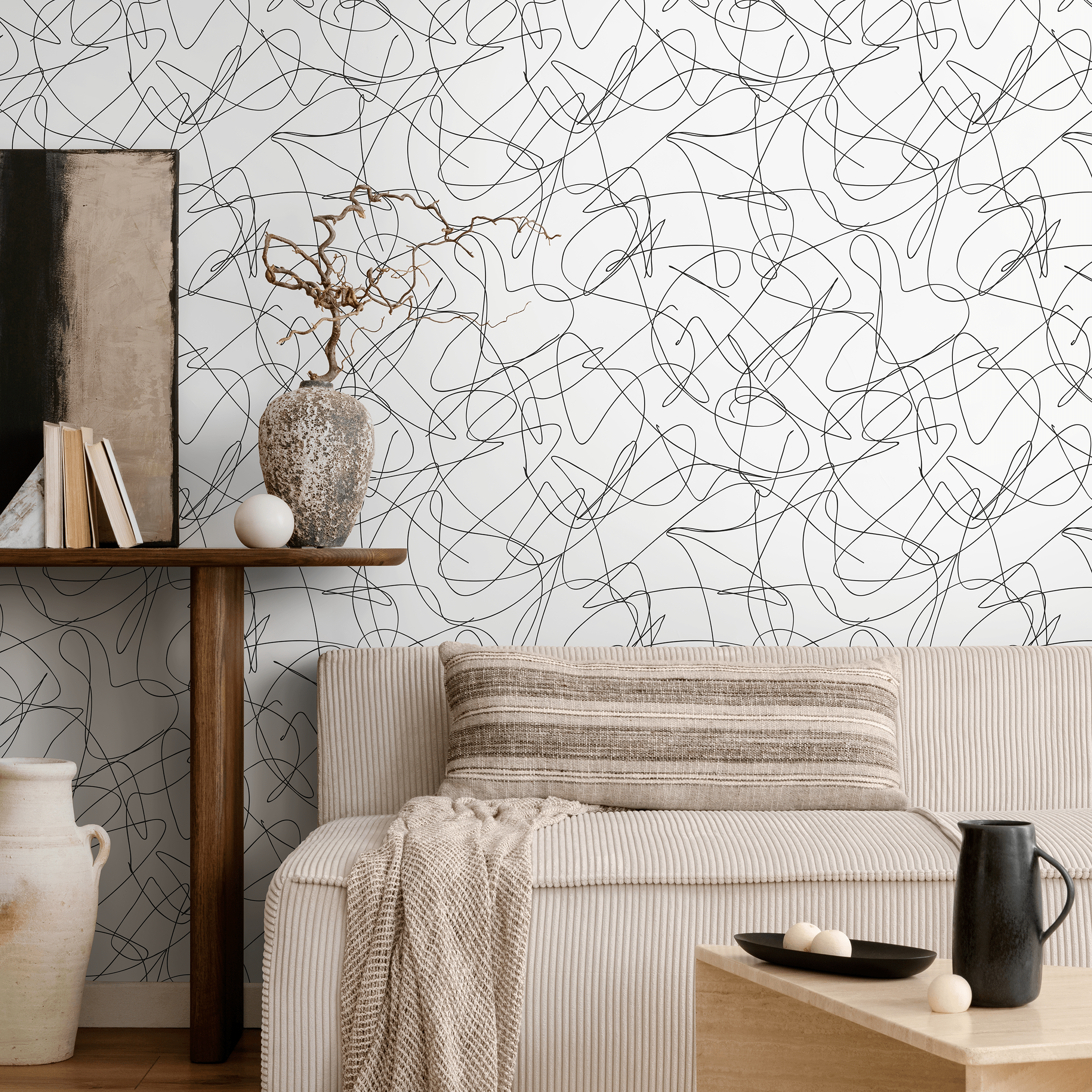 Abstract Wallpaper Featuring A Scribble Line Motif In Black And White - A642