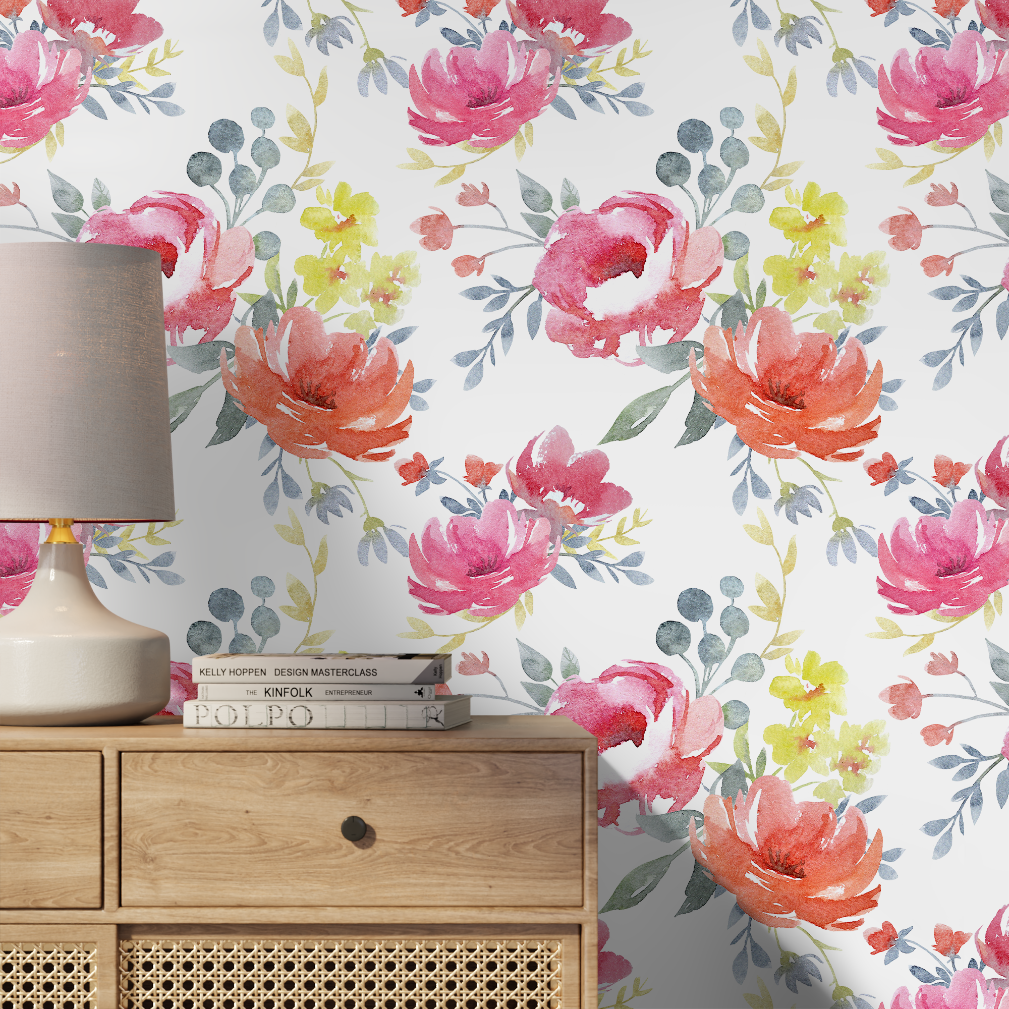 Floral Wallpaper With A Watercolor Peony Motif In Pink, Orange, And Blue - A664