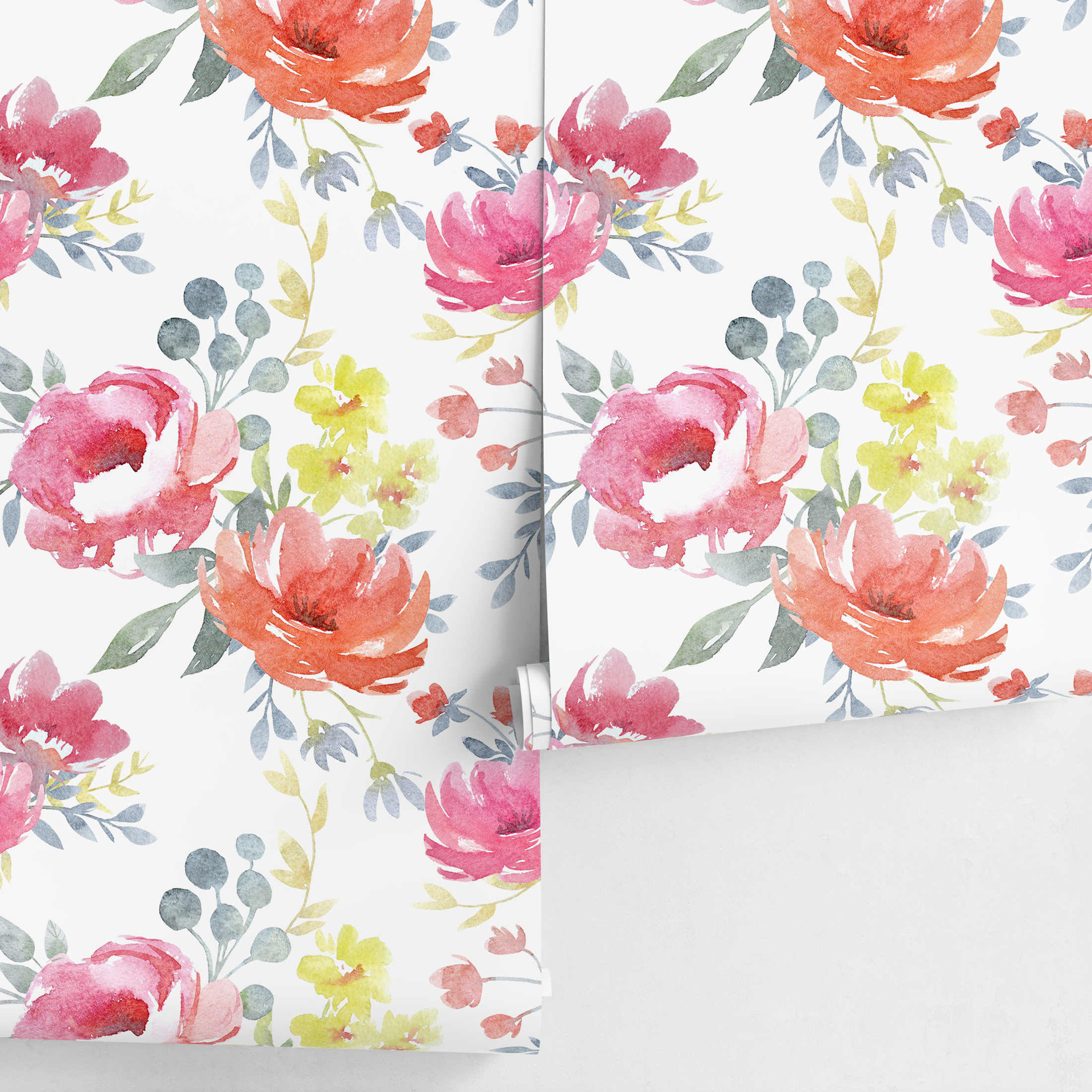 Floral Wallpaper With A Watercolor Peony Motif In Pink, Orange, And Blue - A664