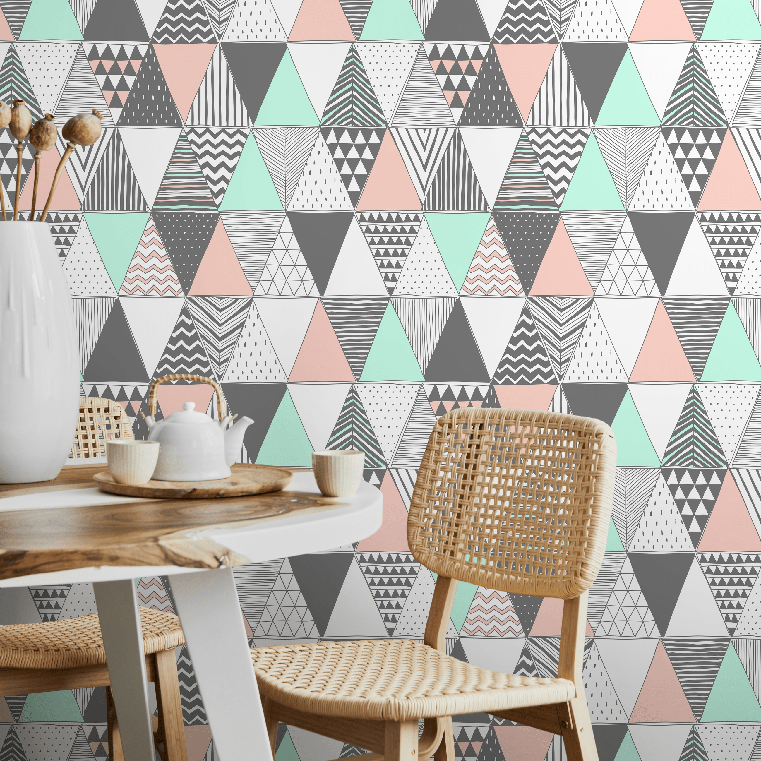 Geometric Wallpaper With A Scandinavian Triangle Pattern In Mint, Pink, And Gray - A647