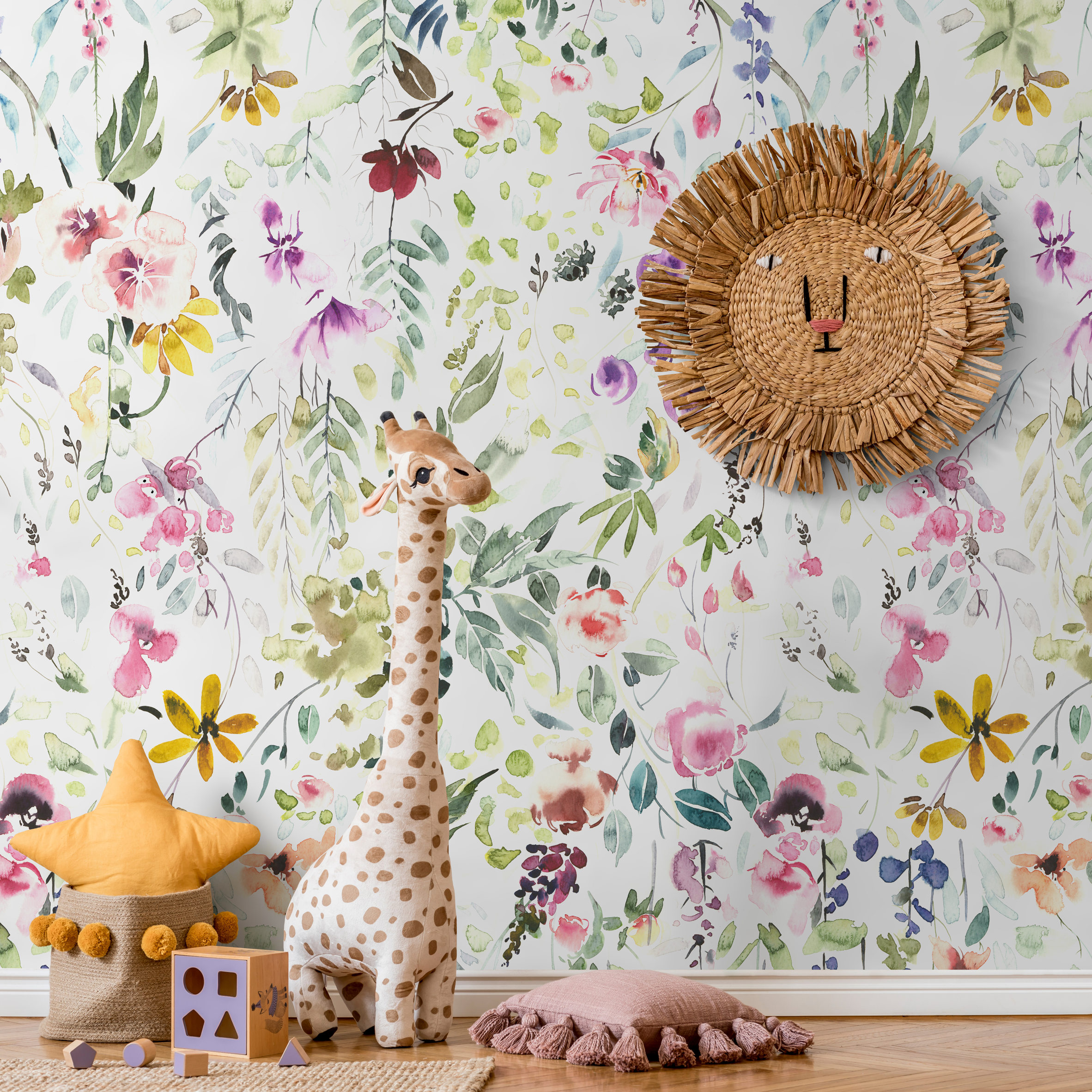 Watercolor Wallpaper With A Floral Meadow In Pink, Green, And Yellow - A648