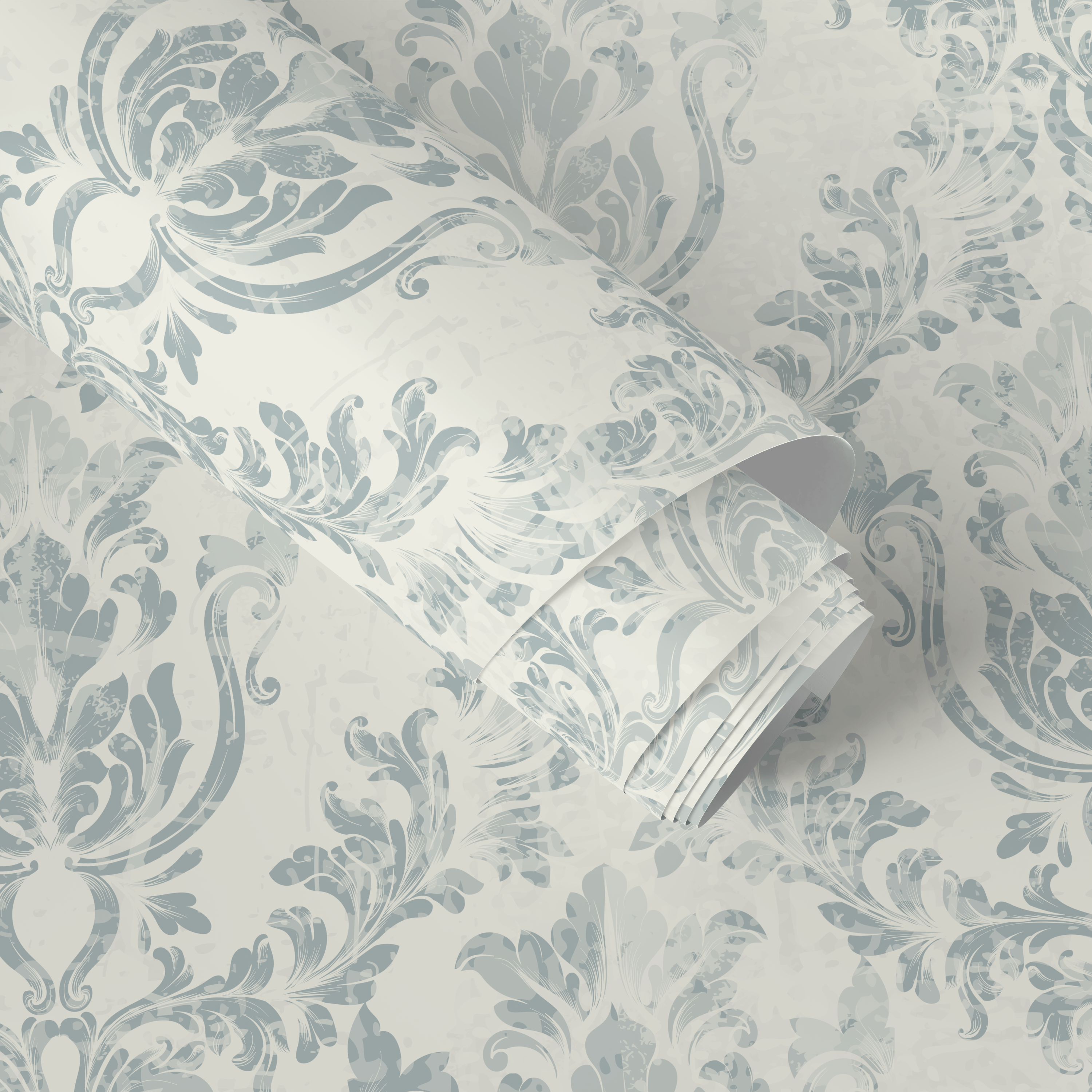 Damask Wallpaper With A Distressed Motif In Blue And Cream - A650