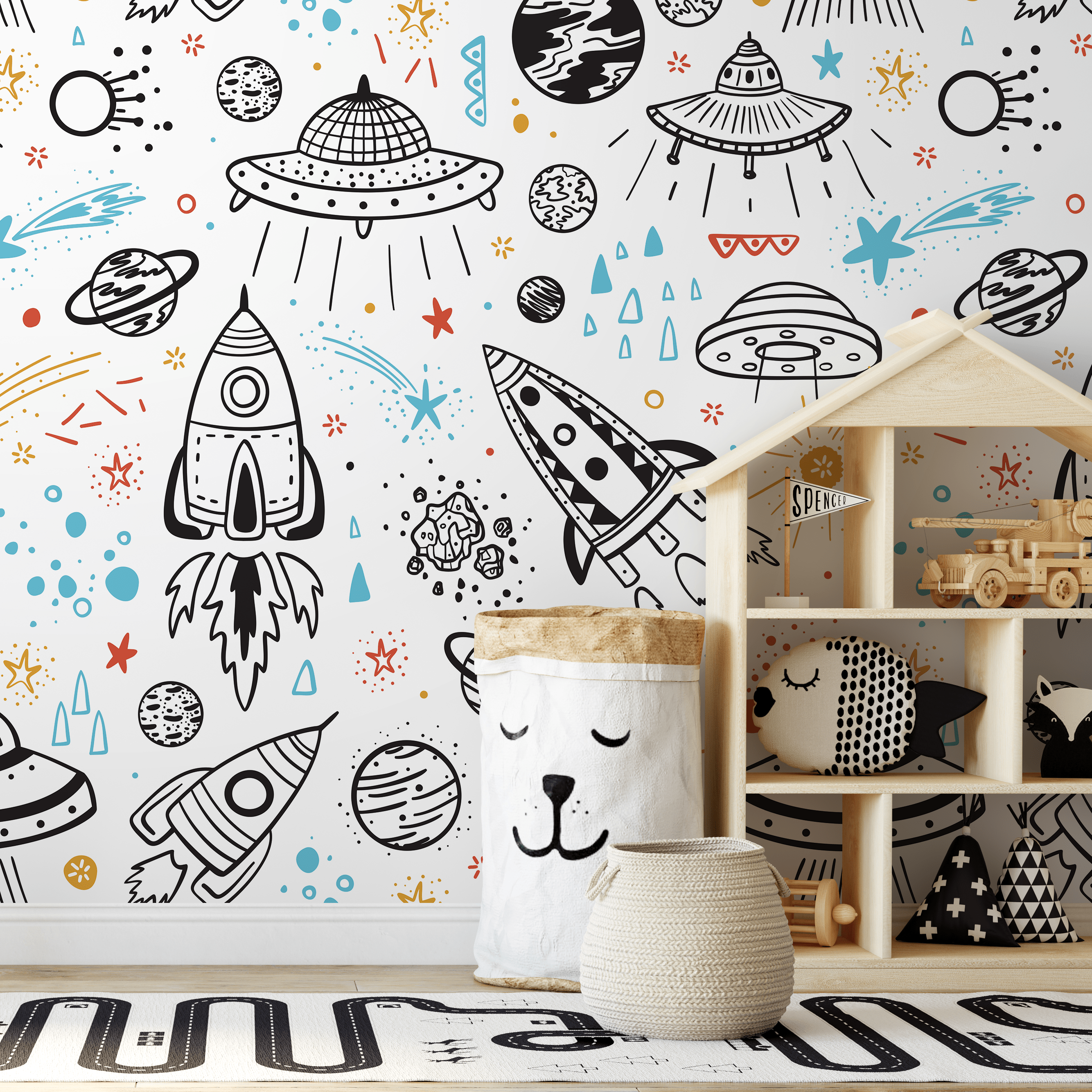 Space Wallpaper With Hand-drawn Rockets And Planets In Black, Blue, And Red - A654