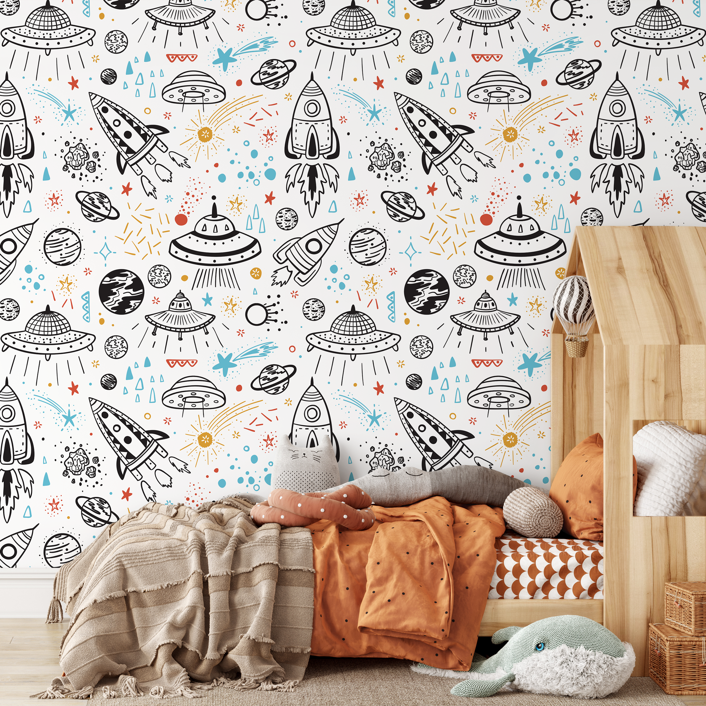 Space Wallpaper With Hand-drawn Rockets And Planets In Black, Blue, And Red - A654