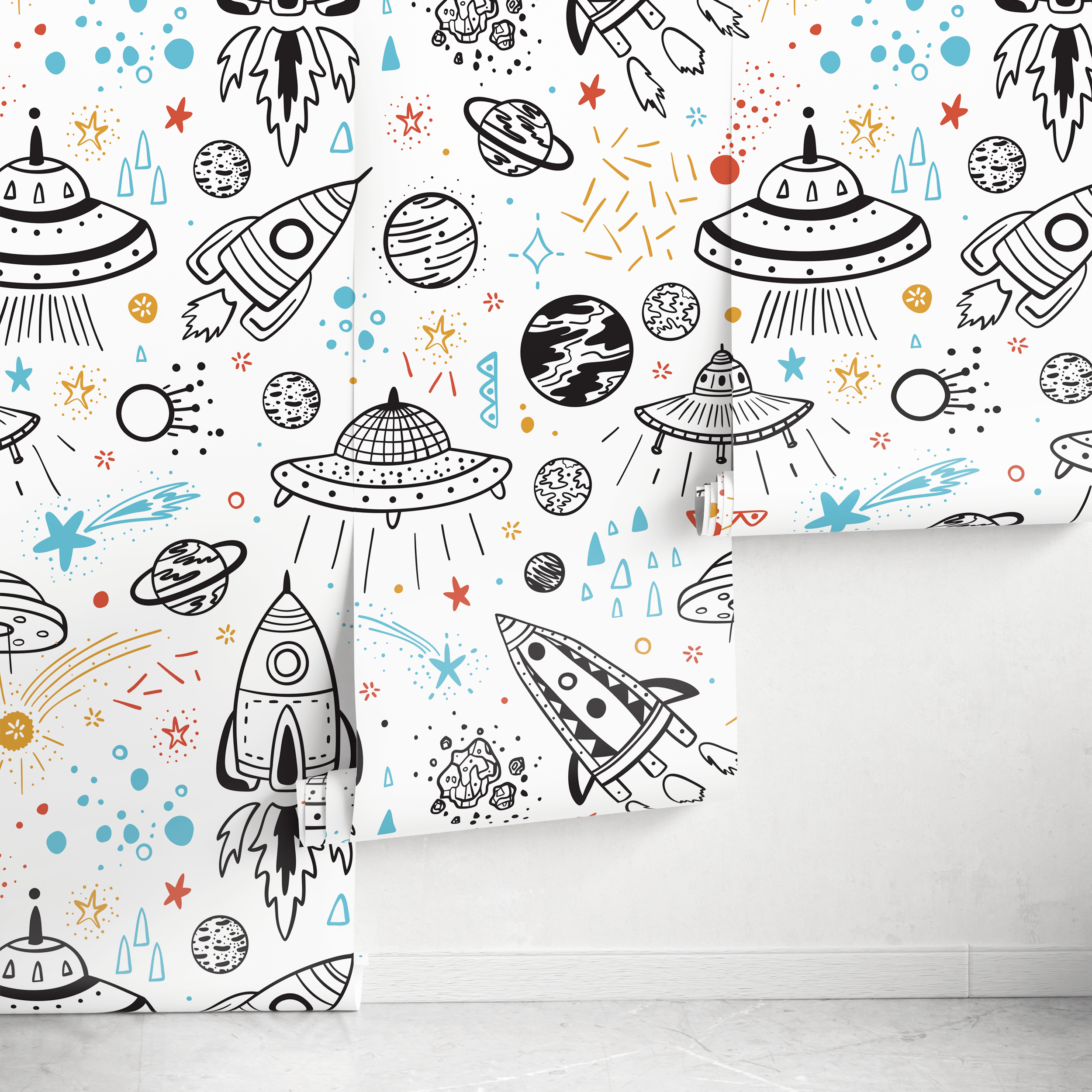 Space Wallpaper With Hand-drawn Rockets And Planets In Black, Blue, And Red - A654