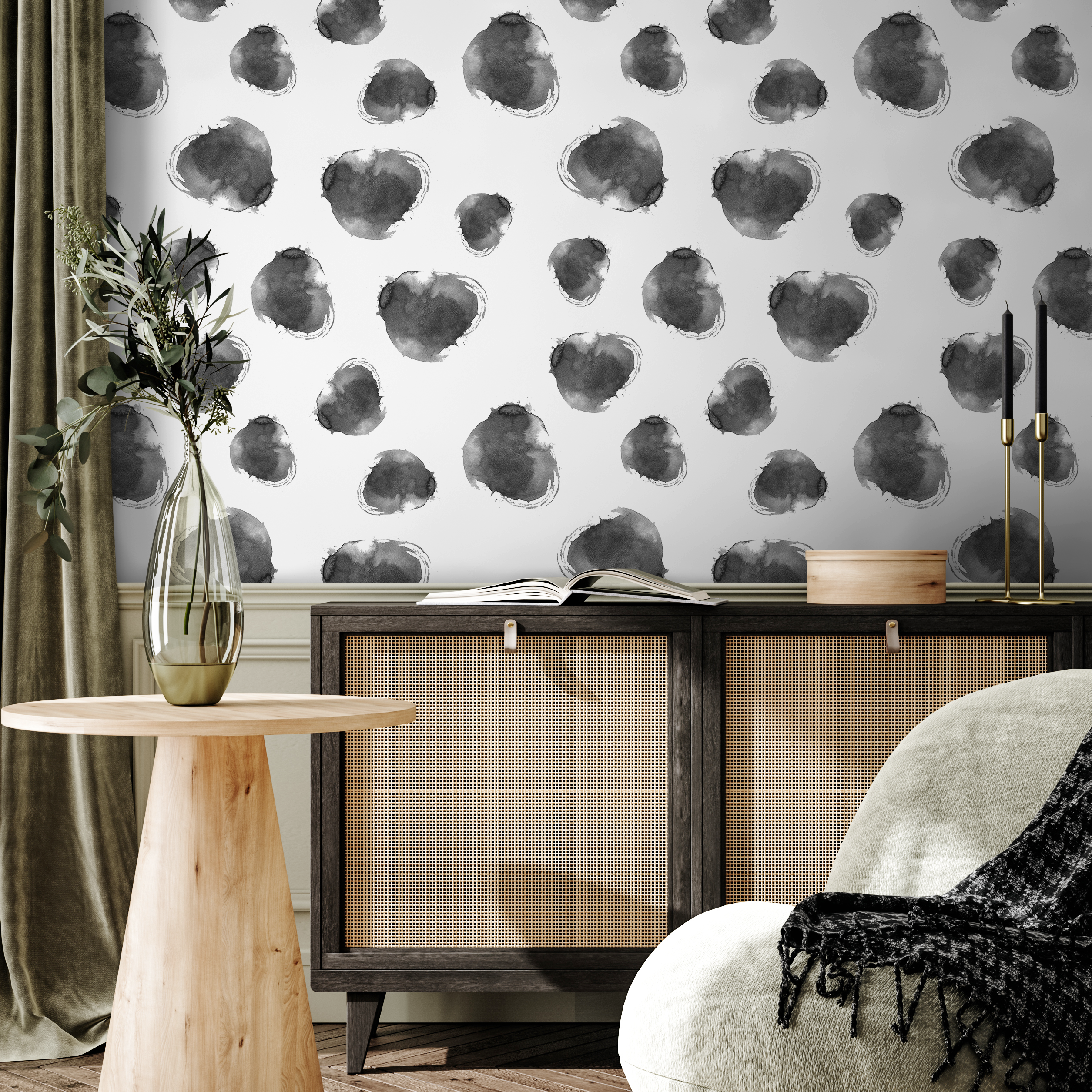 Abstract Wallpaper With Ink Wash Dots In Black And White - A662