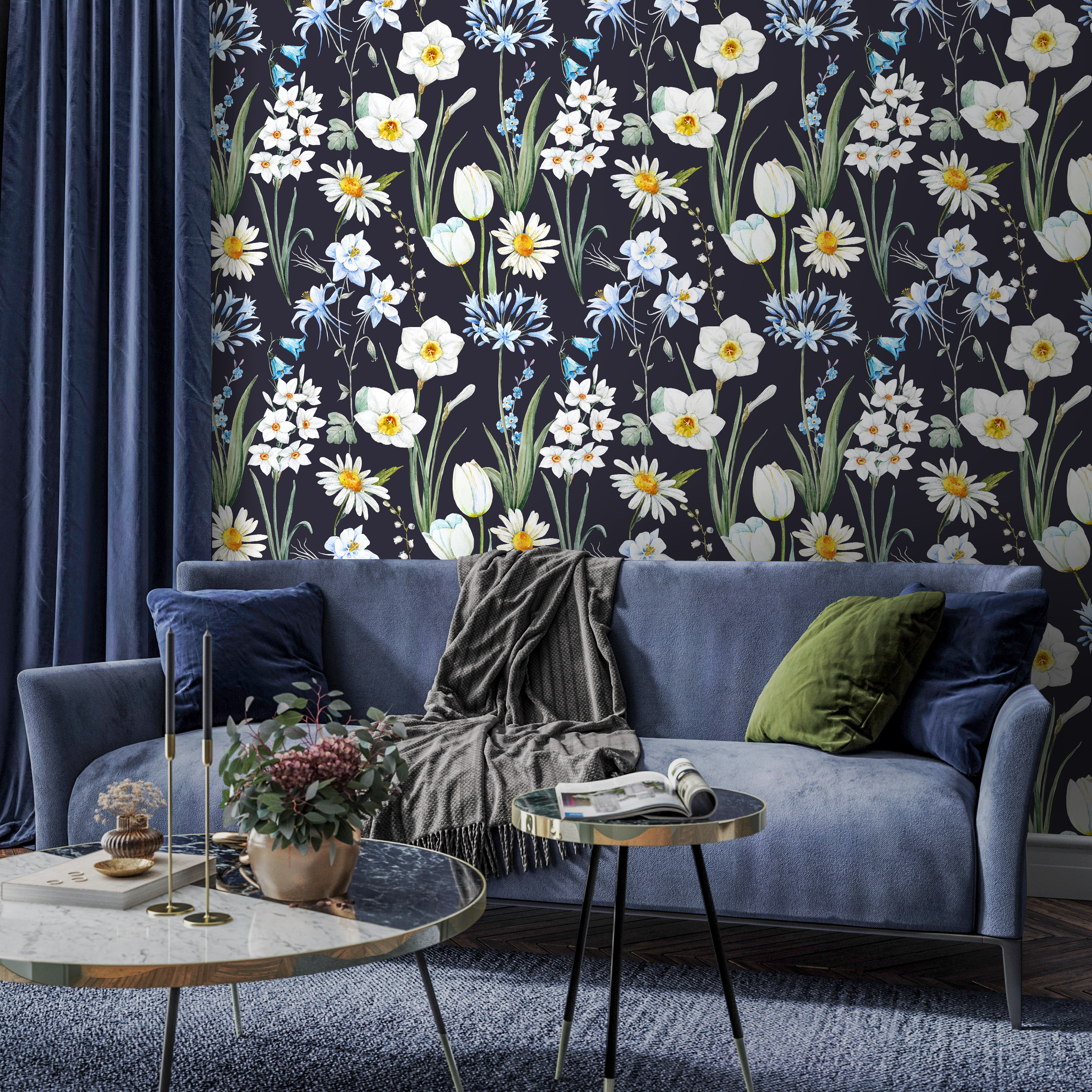Botanical Wallpaper With A Wildflower Meadow In Dark Blue, White, And Yellow - A663