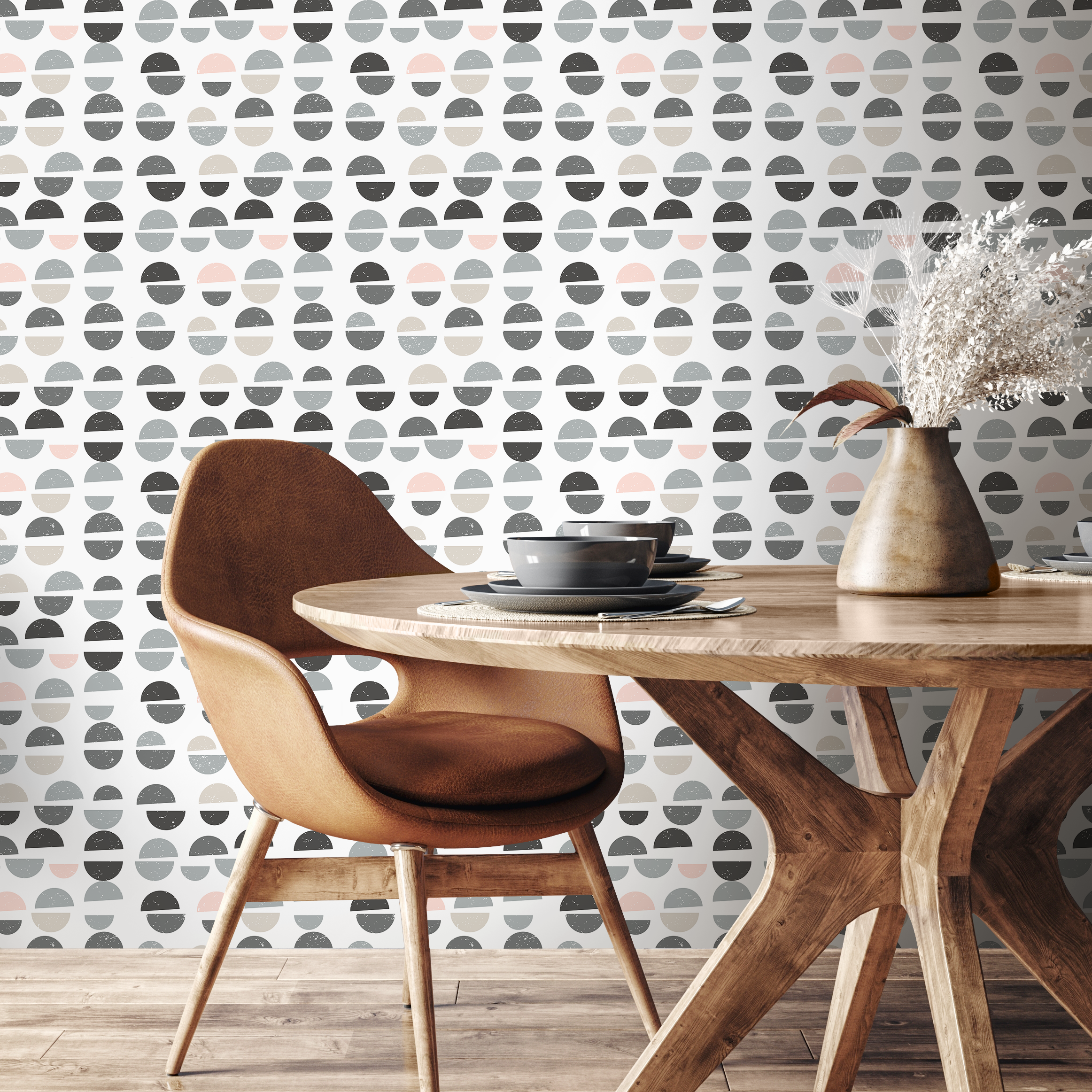 Geometric Wallpaper With Distressed Semi-circles In Gray, Pink, And Beige - A670