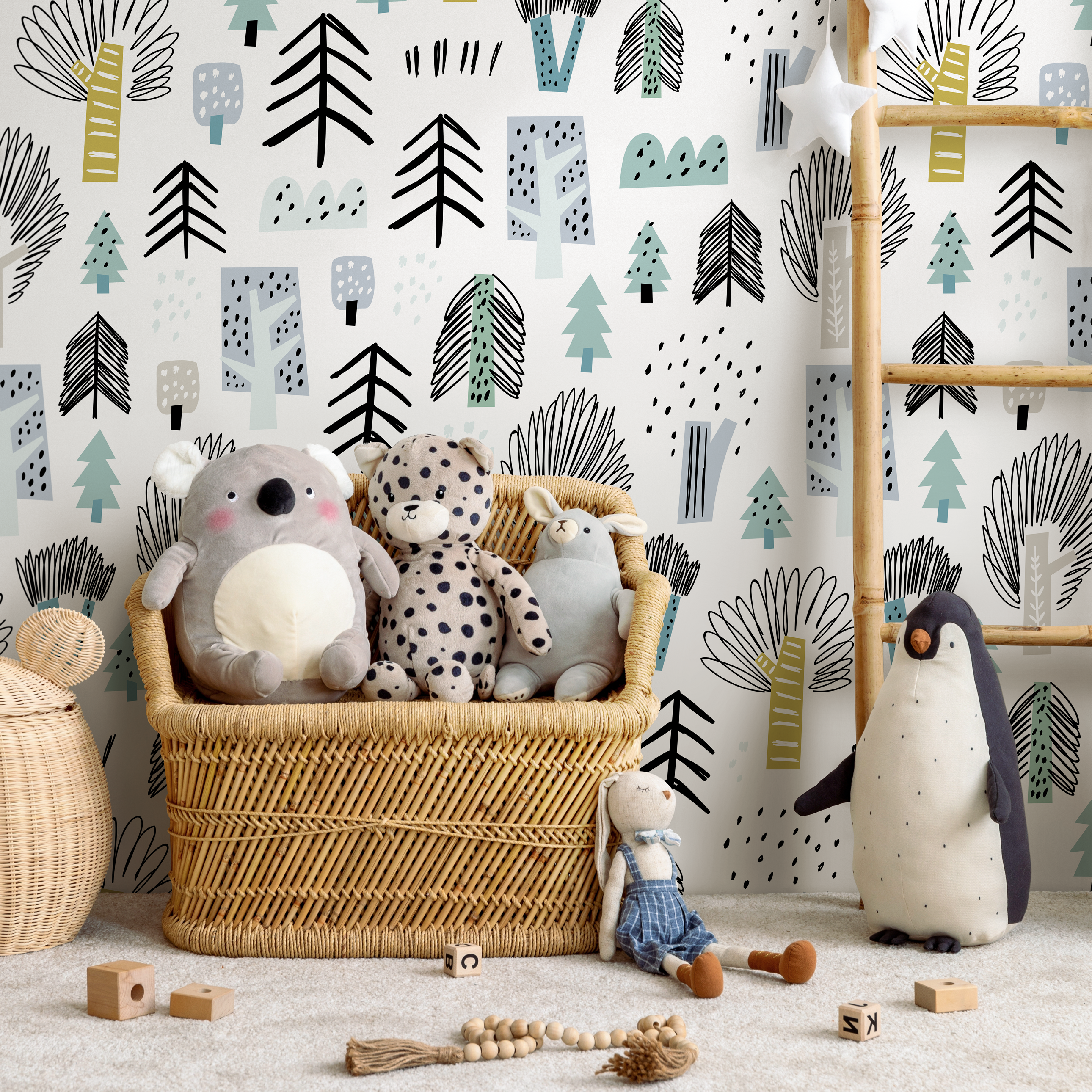 Woodland Wallpaper With A Scandinavian Forest Motif In Blue, Green, And Black - A675
