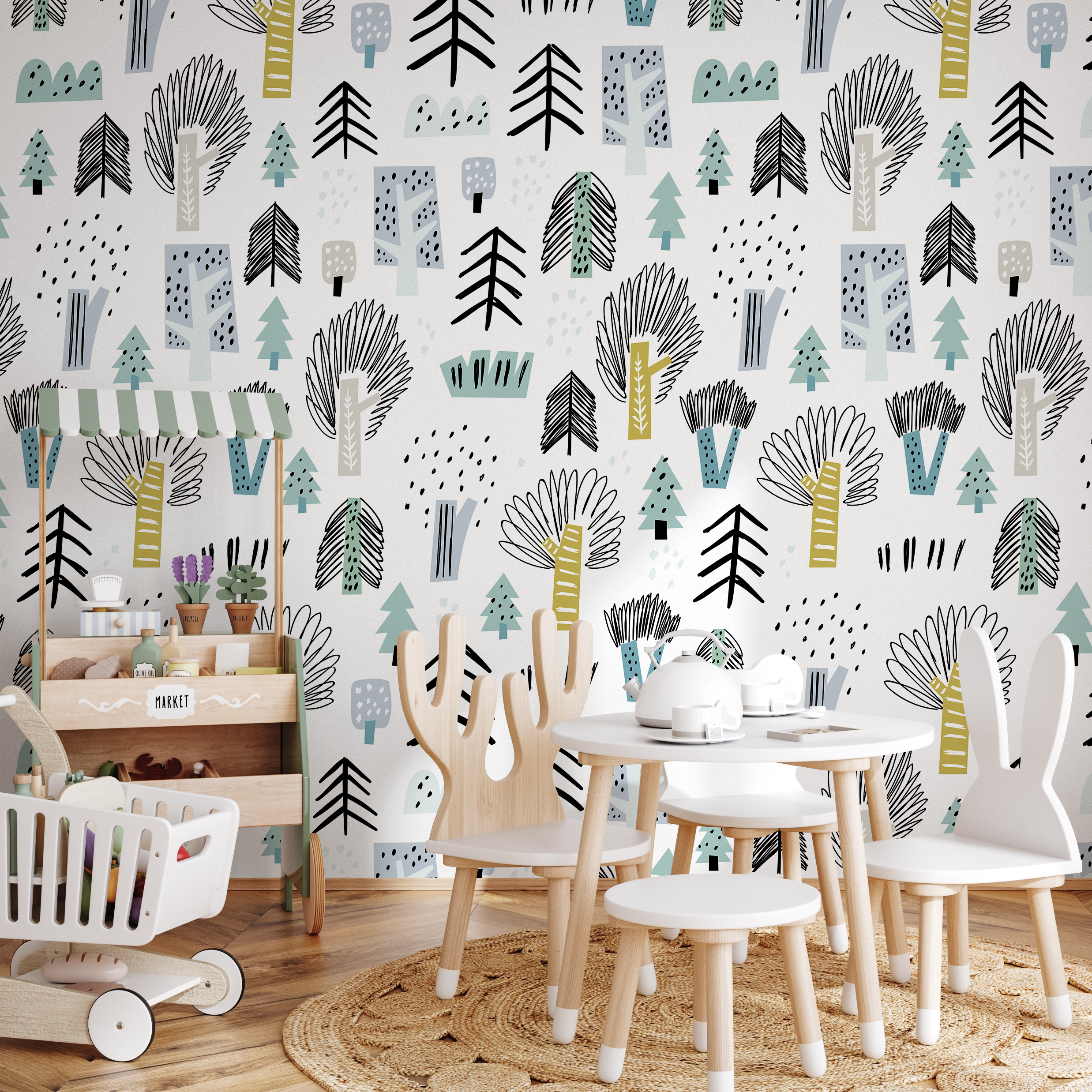 Scandinavian Wallpaper With A Stylized Forest In Black, Green, And Blue - A675