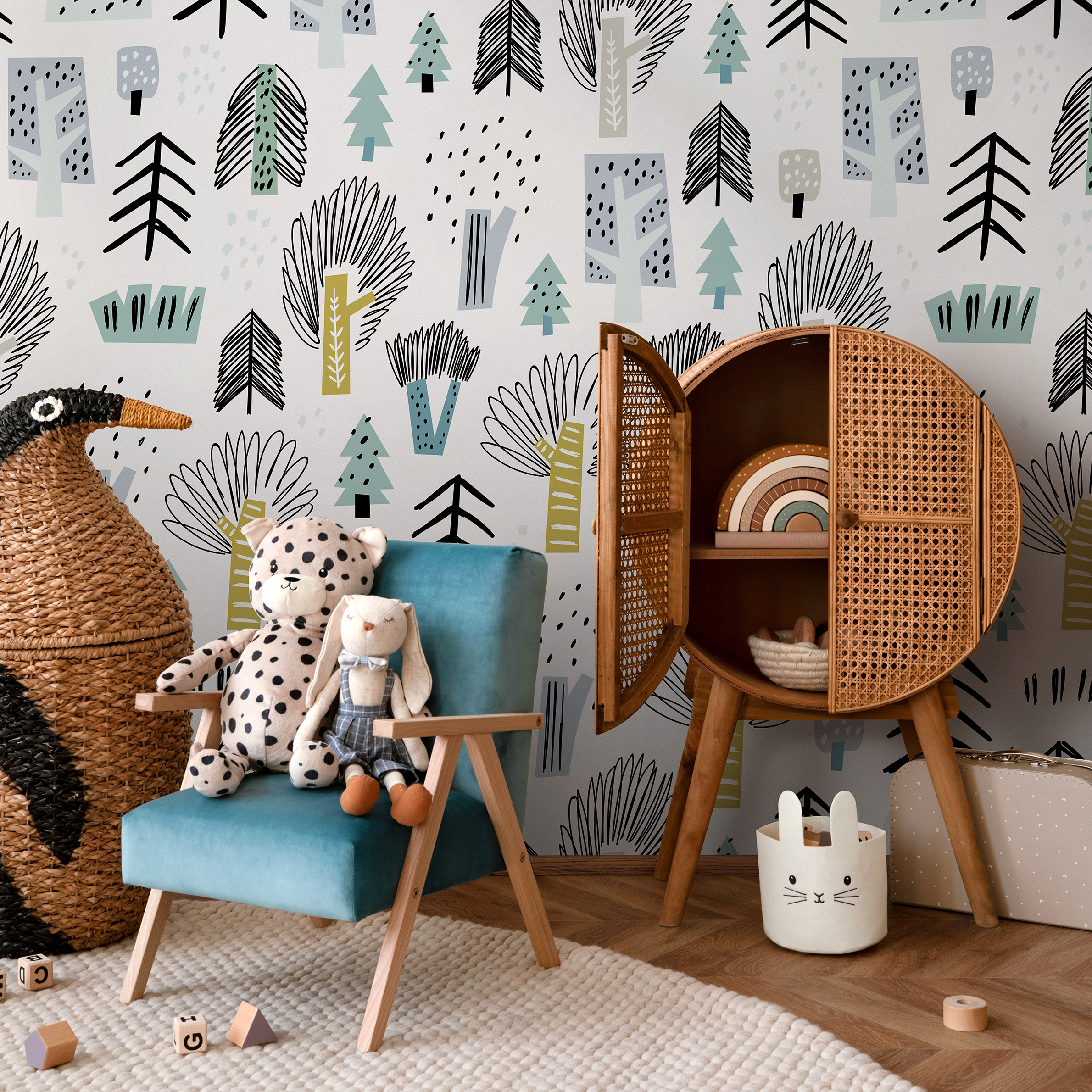 Scandinavian Wallpaper With A Stylized Forest In Black, Green, And Blue - A675