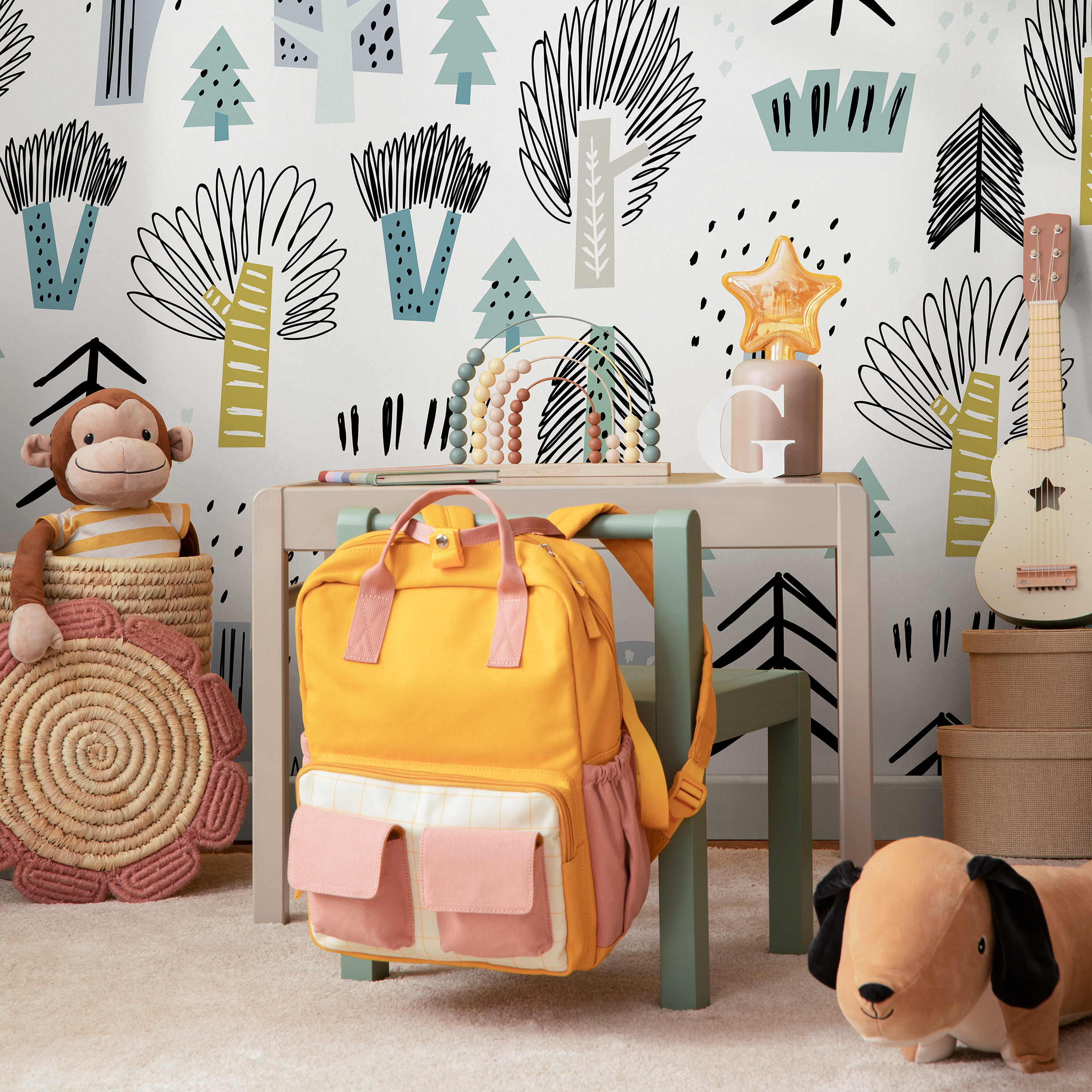 Woodland Wallpaper With A Scandinavian Forest Motif In Blue, Green, And Black - A675