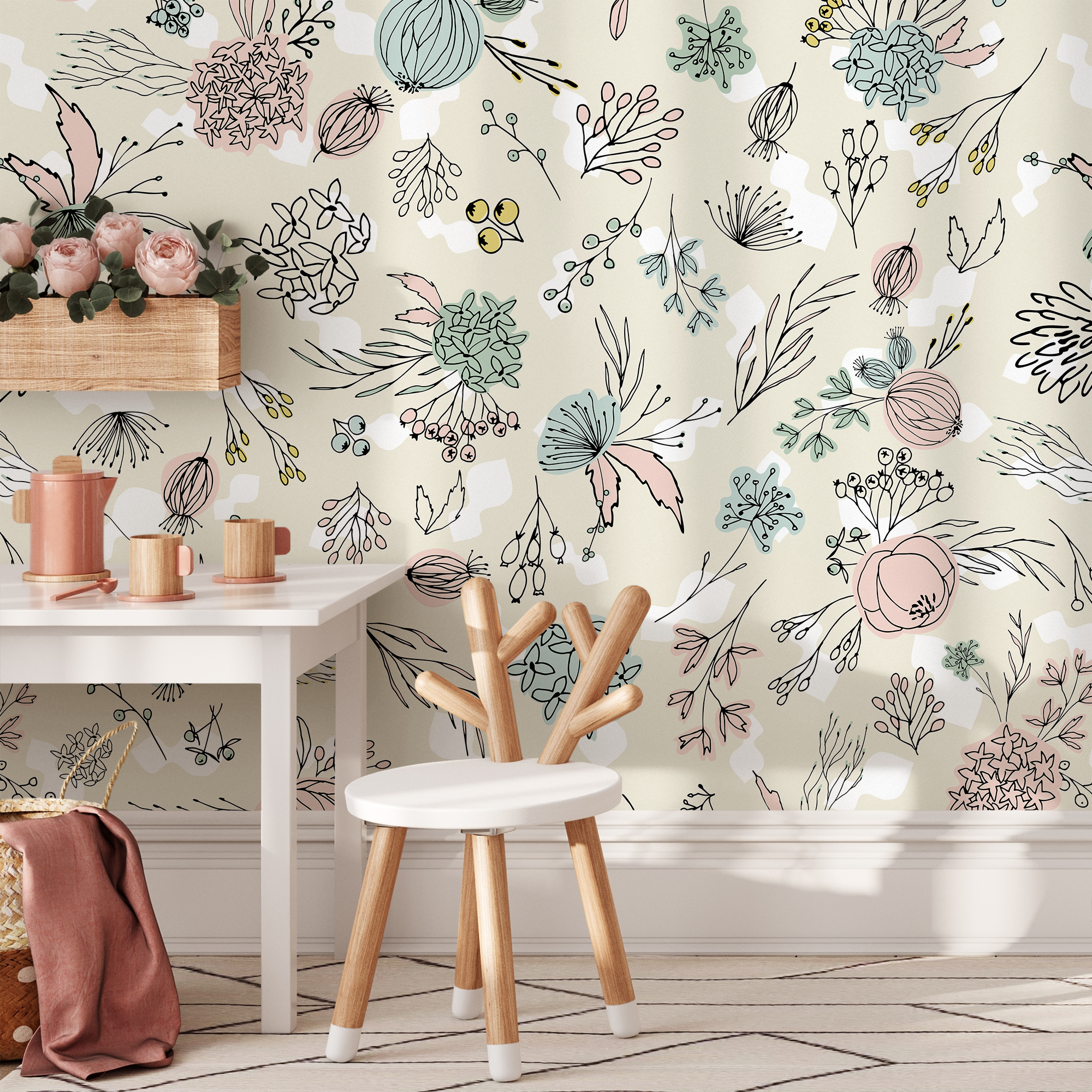 Floral Wallpaper With A Whimsical Hand-drawn Motif In Pink, Teal, And Yellow - A677