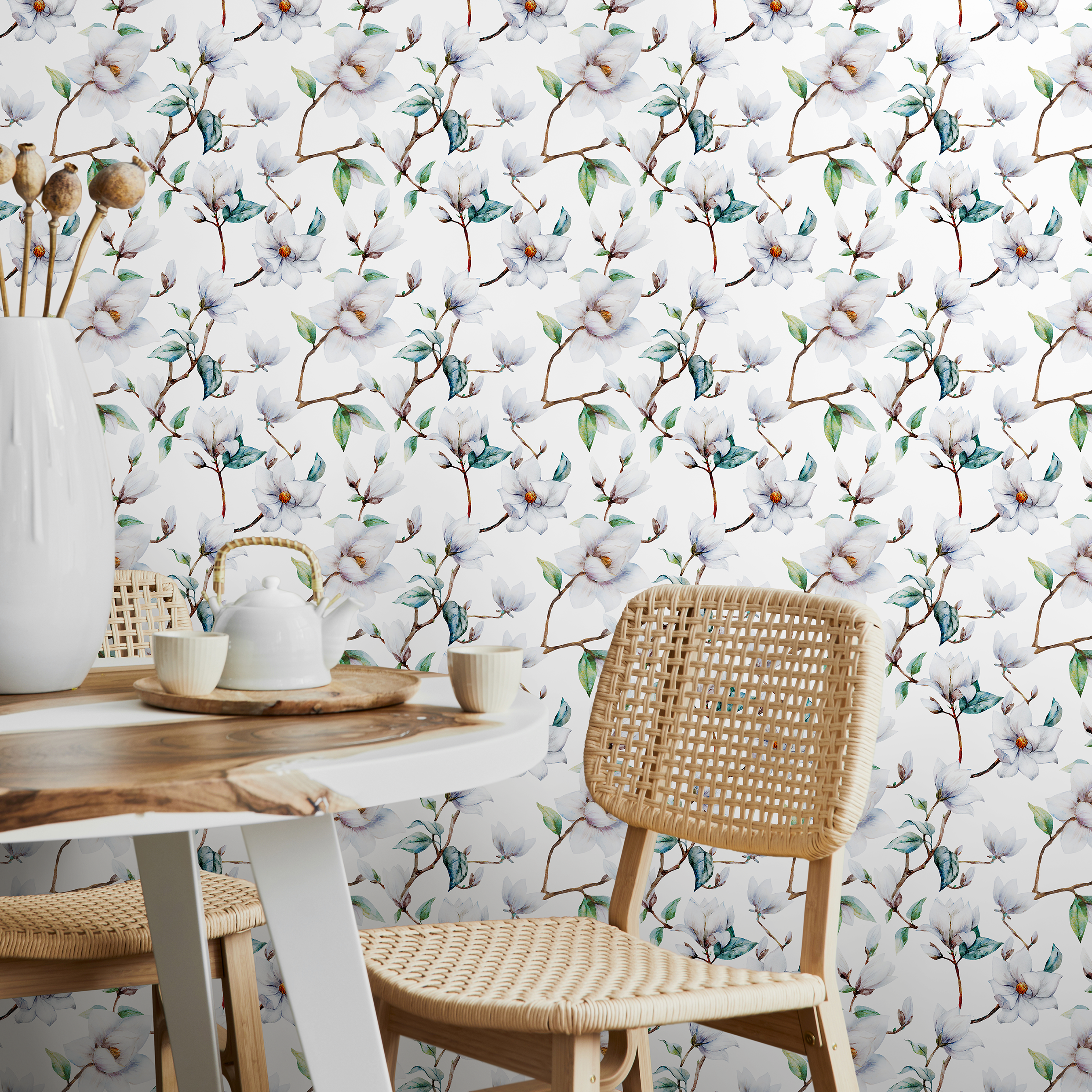 Floral Wallpaper With A Watercolor Magnolia Motif In White, Green, And Brown - A680
