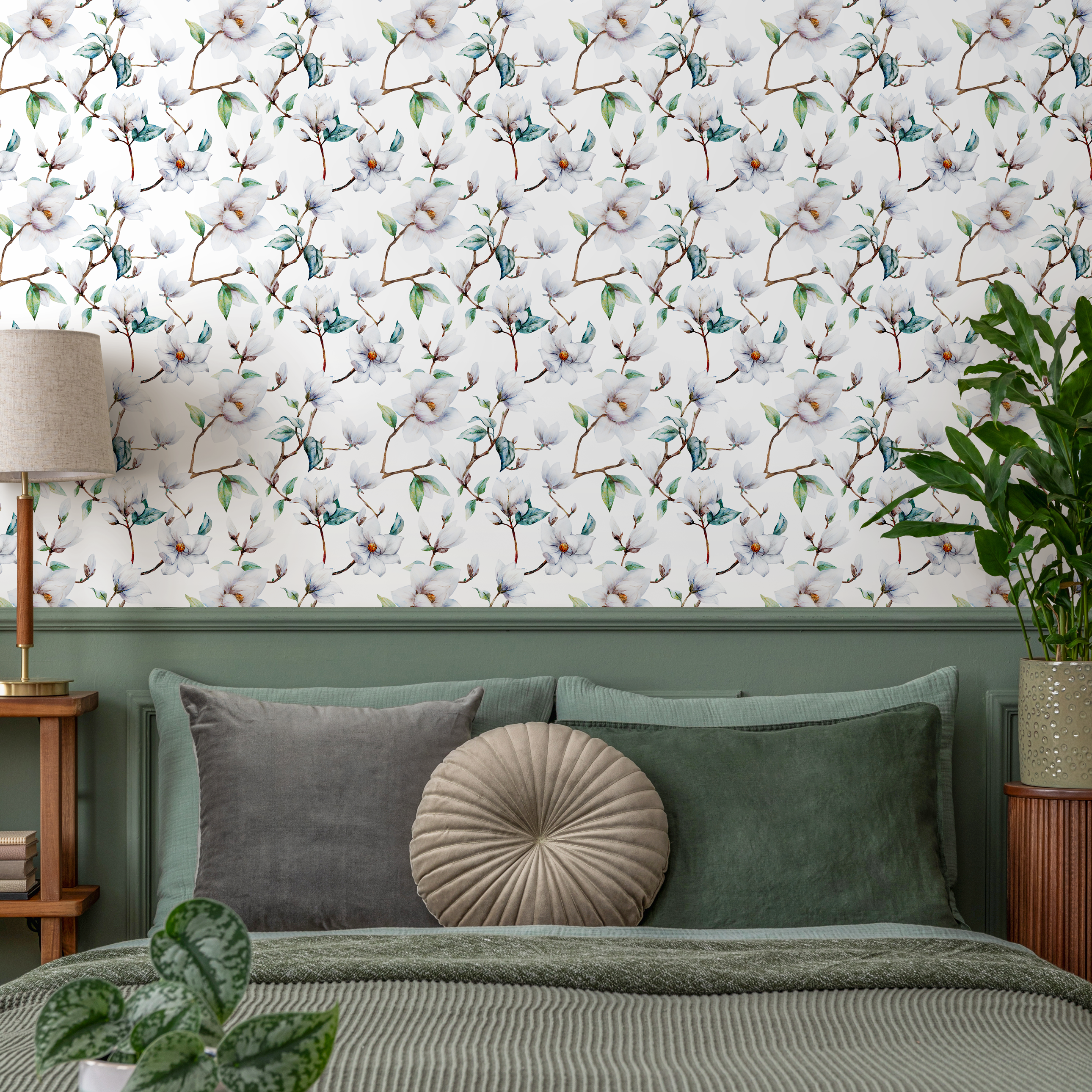Floral Wallpaper With A Watercolor Magnolia Motif In White, Green, And Brown - A680