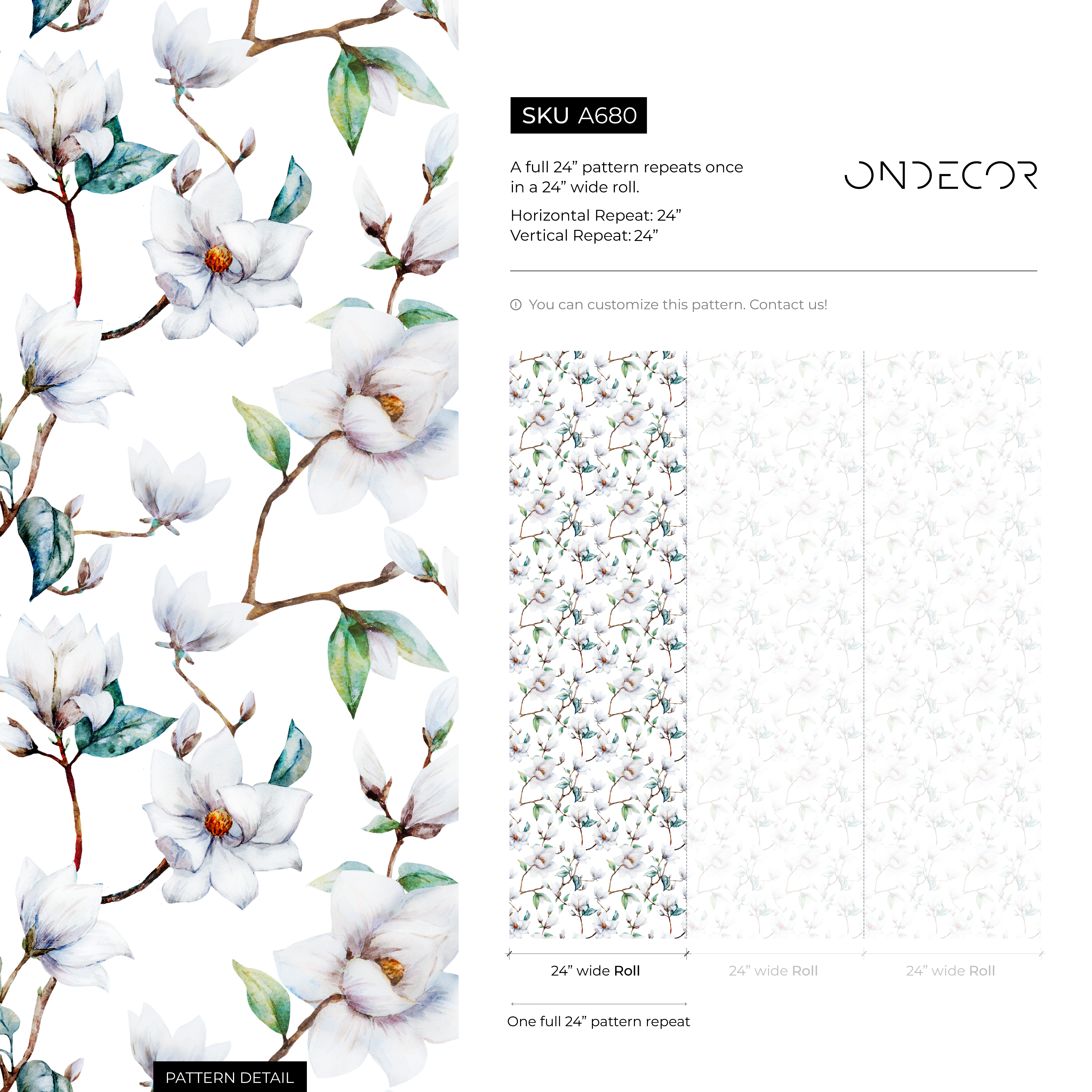 Floral Wallpaper With A Watercolor Magnolia Motif In White, Green, And Brown - A680