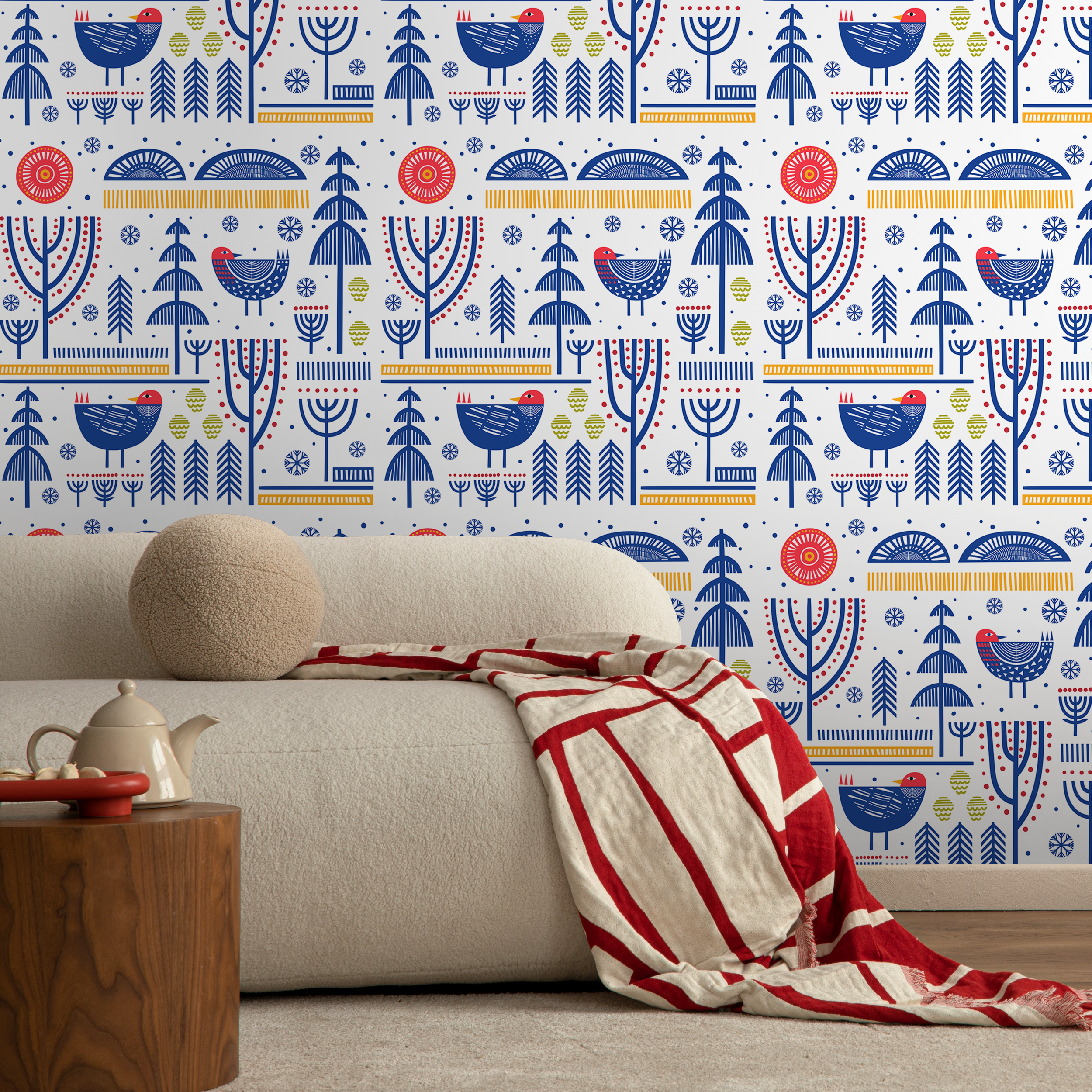 Folk Art Wallpaper With Stylized Birds And Trees In Blue, Red, And Yellow - A683