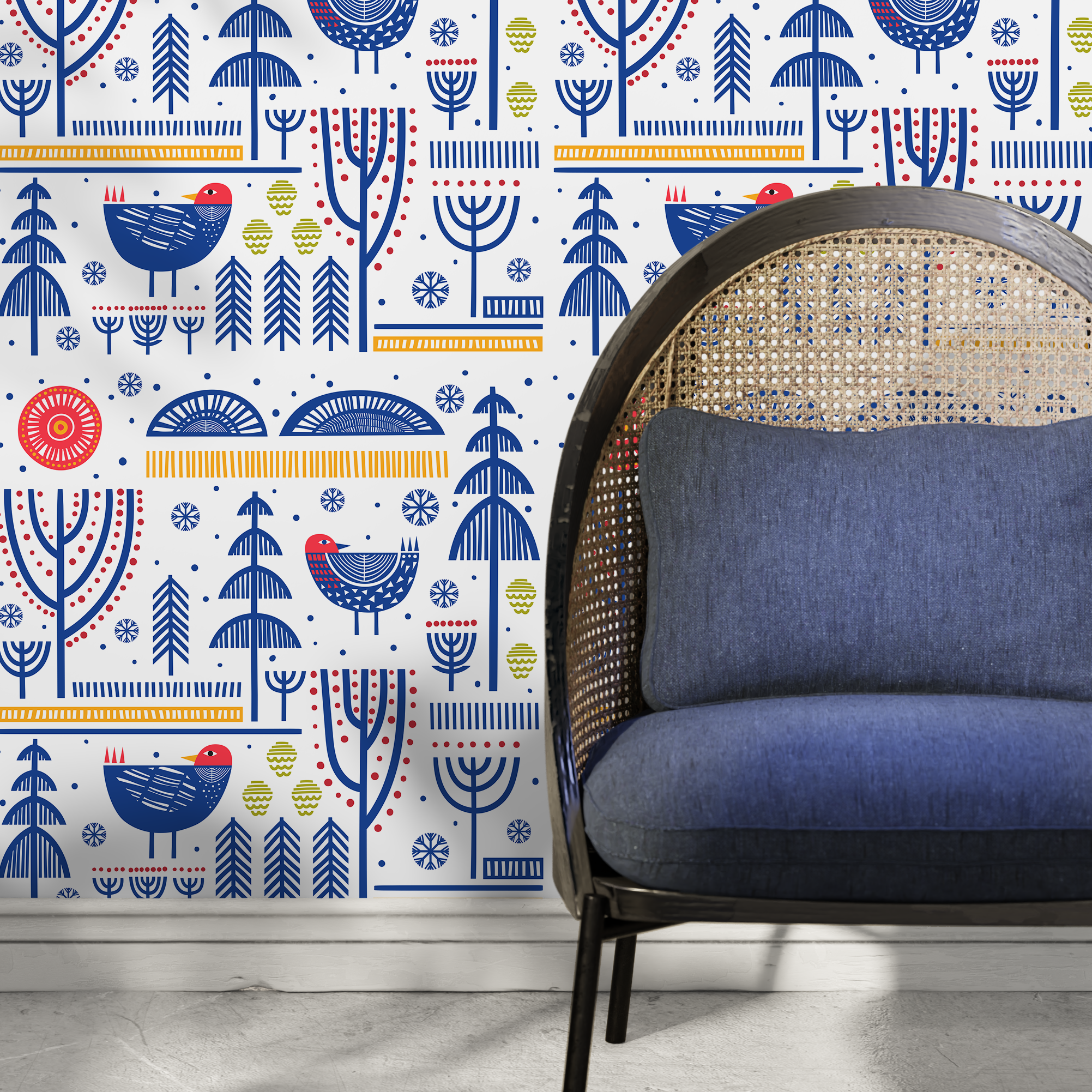 Folk Art Wallpaper With Stylized Birds And Trees In Blue, Red, And Yellow - A683