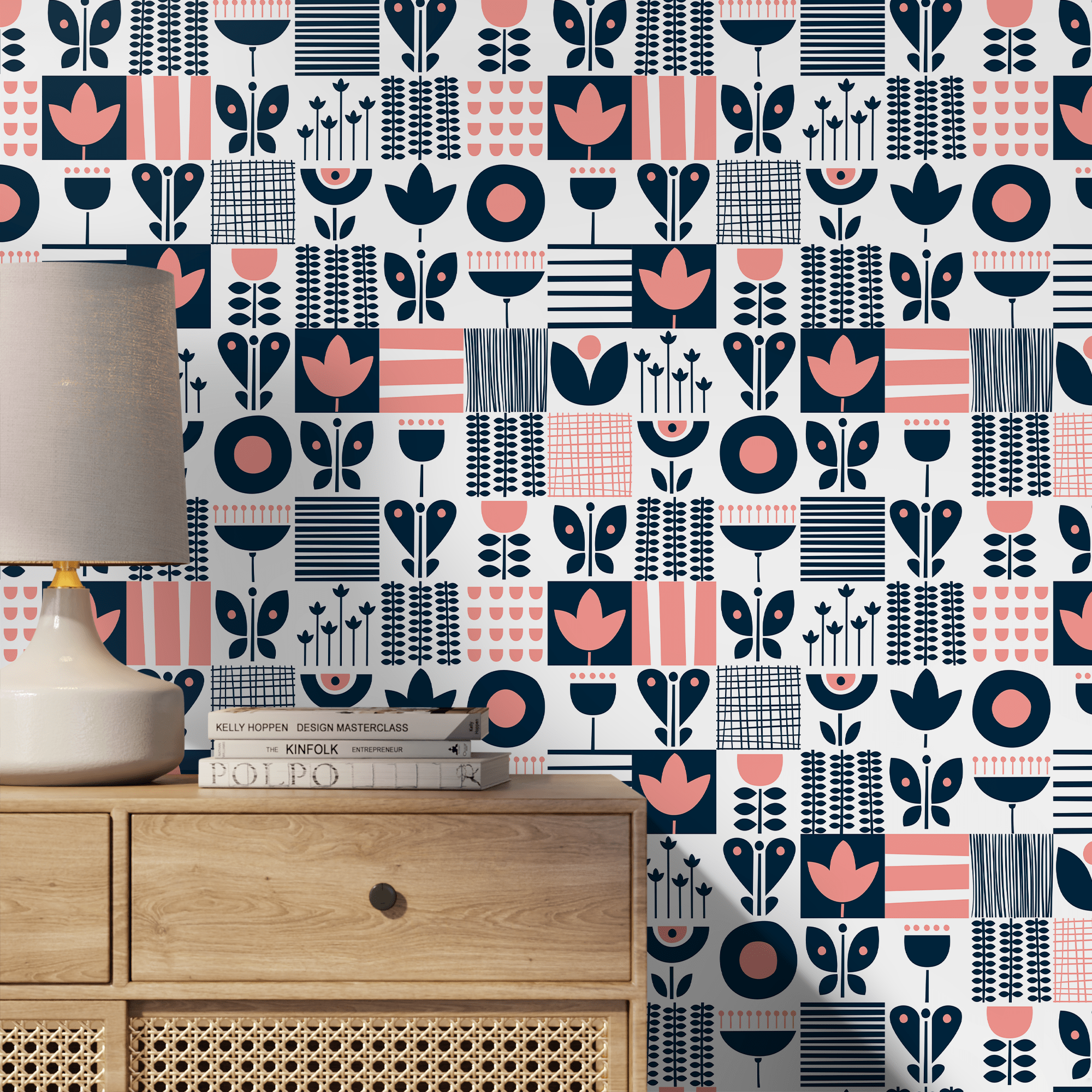 Scandinavian Wallpaper With A Folk Art Patchwork In Navy Blue And Pink - A684