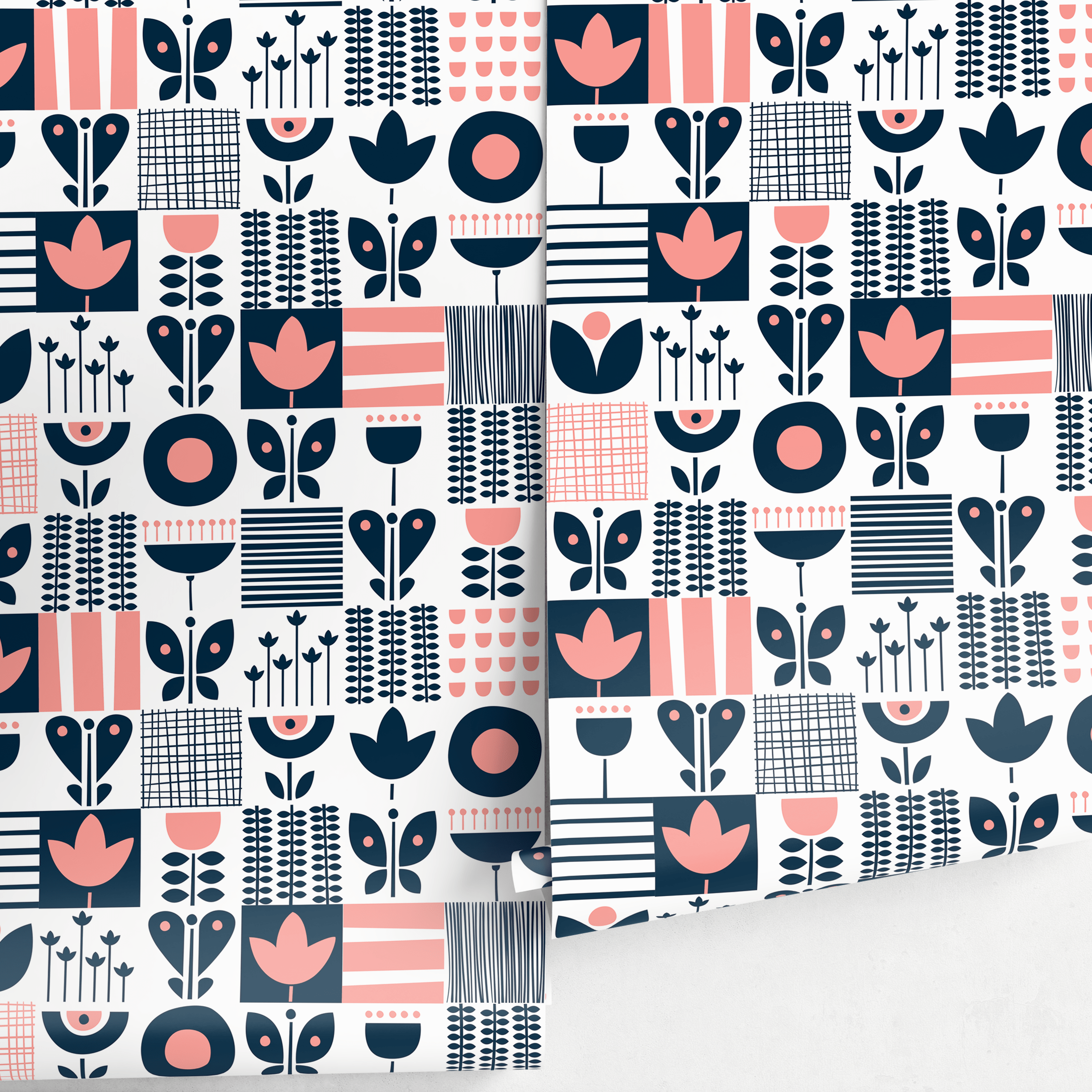 Scandinavian Wallpaper With A Folk Art Patchwork In Navy Blue And Pink - A684