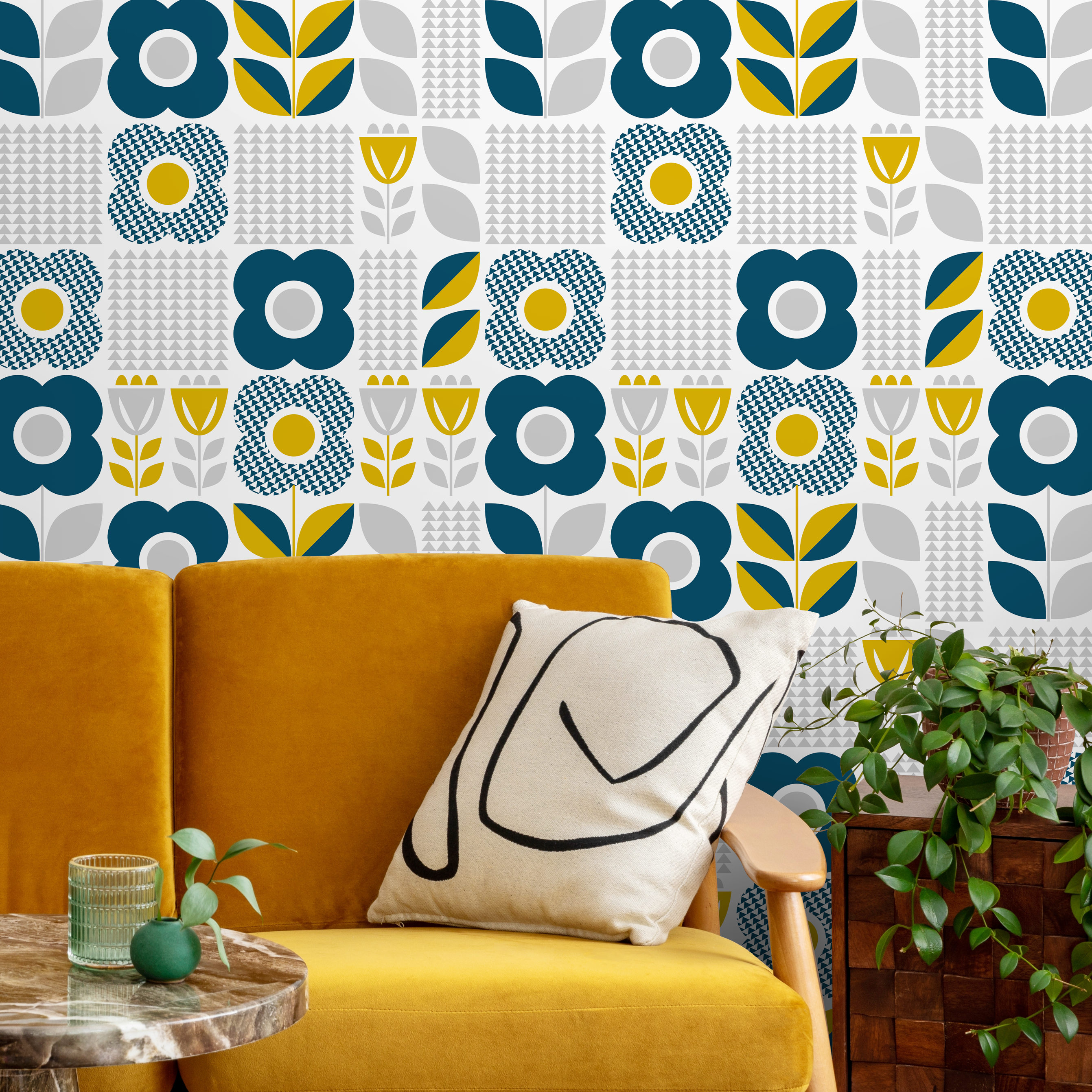 Scandinavian Wallpaper With Geometric Block Flowers In Teal, Yellow, And Gray - A685
