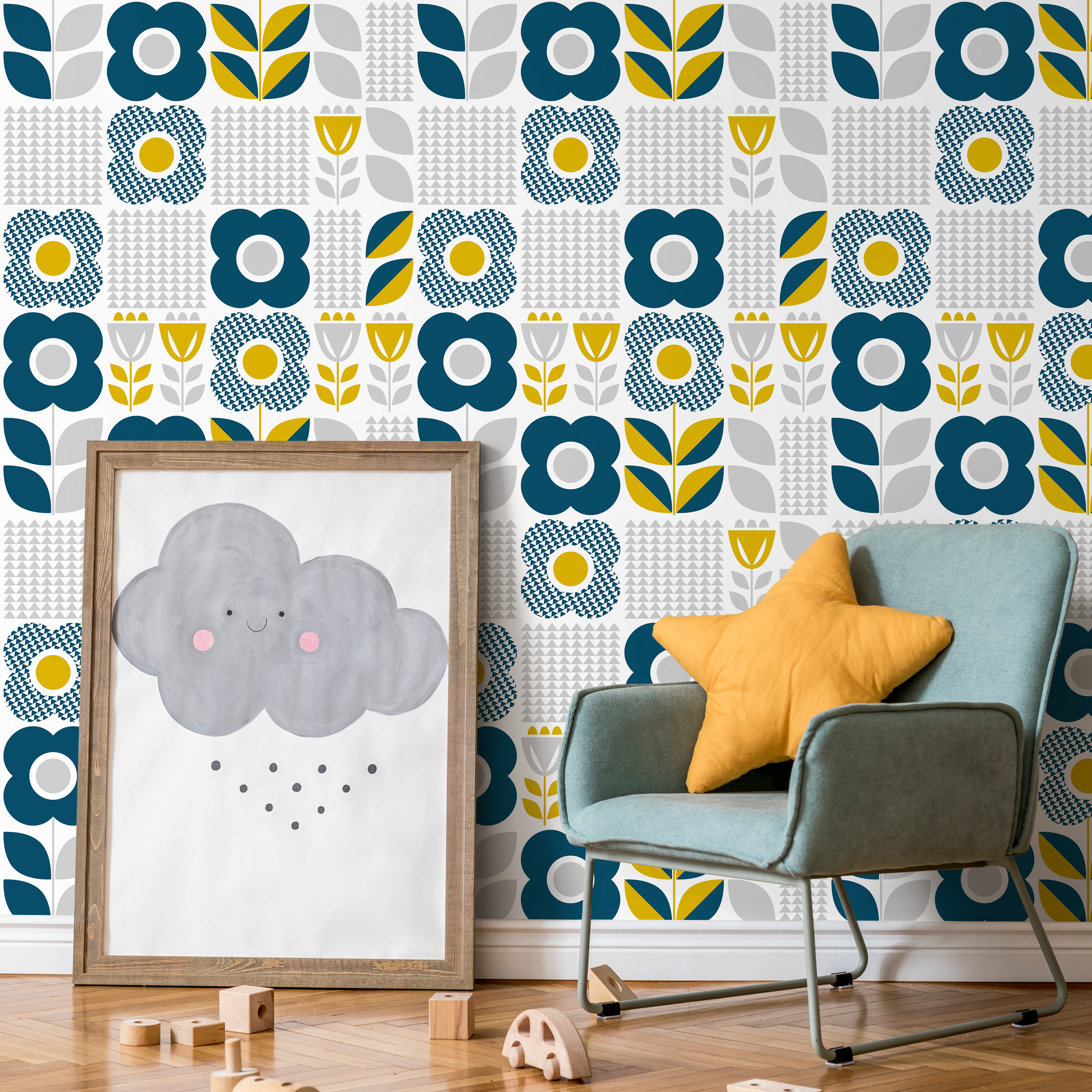 Scandinavian Wallpaper With Geometric Block Flowers In Teal, Yellow, And Gray - A685