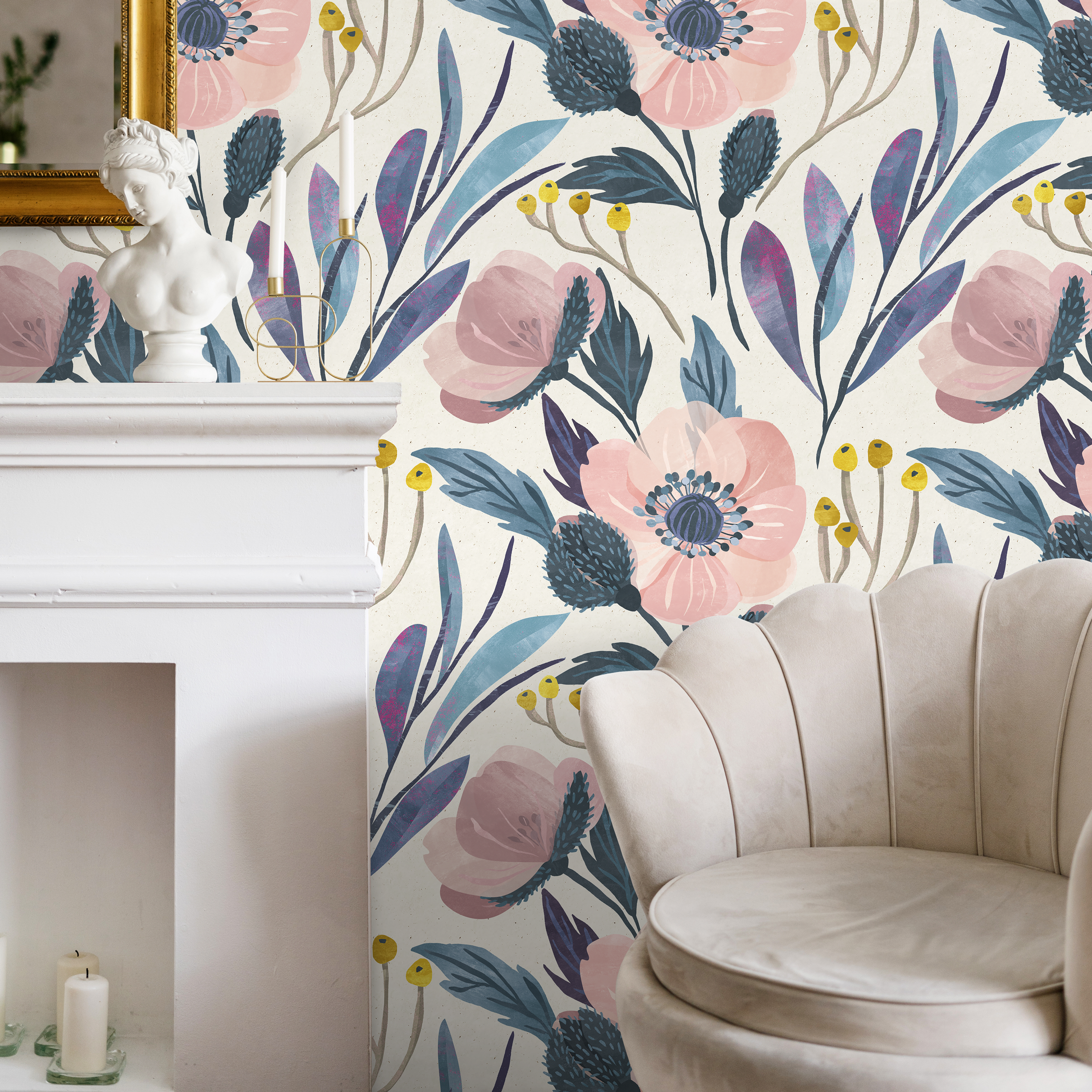 Floral Wallpaper With Modern Painted Anemones In Pink, Blue, And Yellow - A696