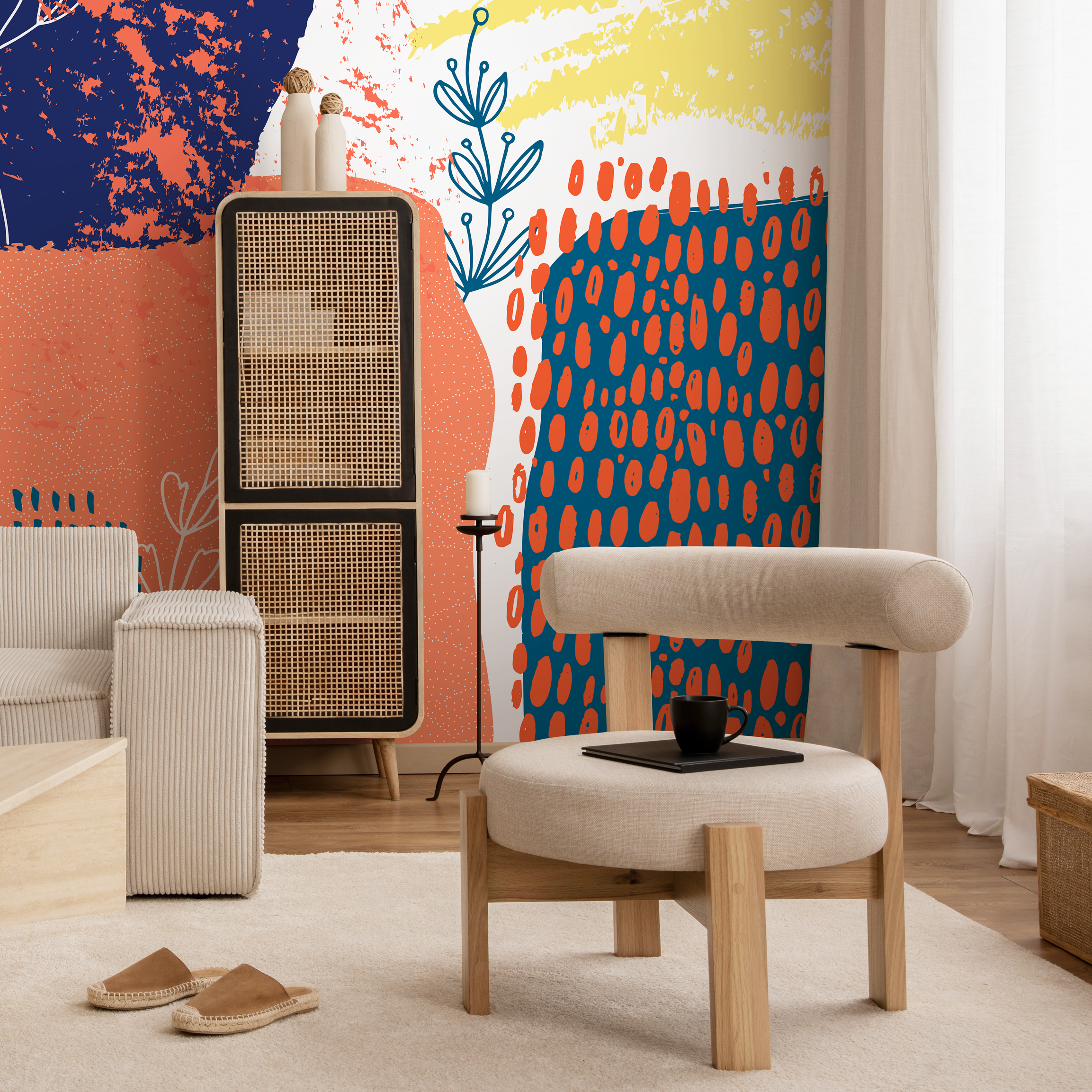 Abstract Wallpaper With Organic Shapes And Botanicals In Orange, Blue, And Yellow - A703