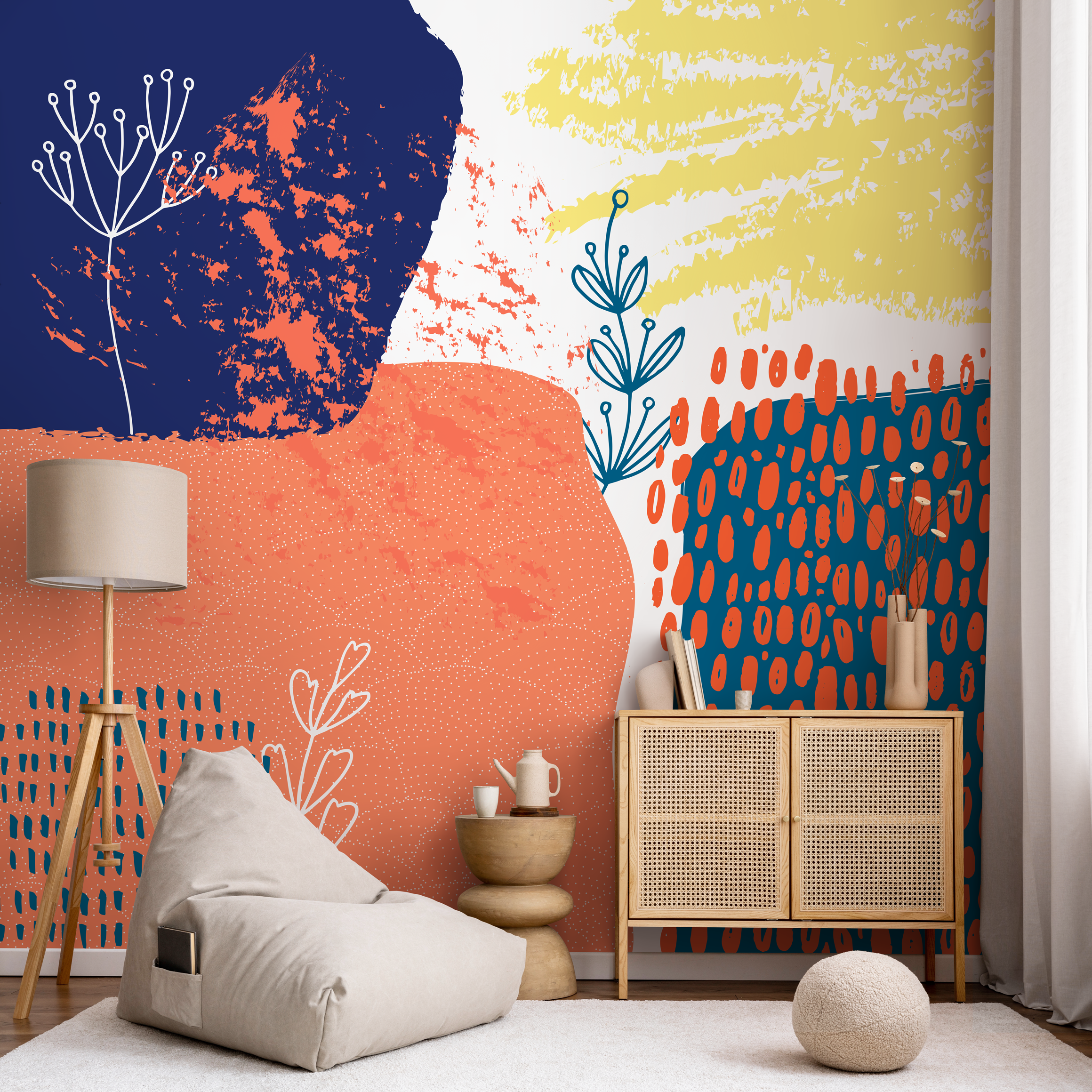 Abstract Wallpaper With Organic Shapes And Botanicals In Orange, Blue, And Yellow - A703