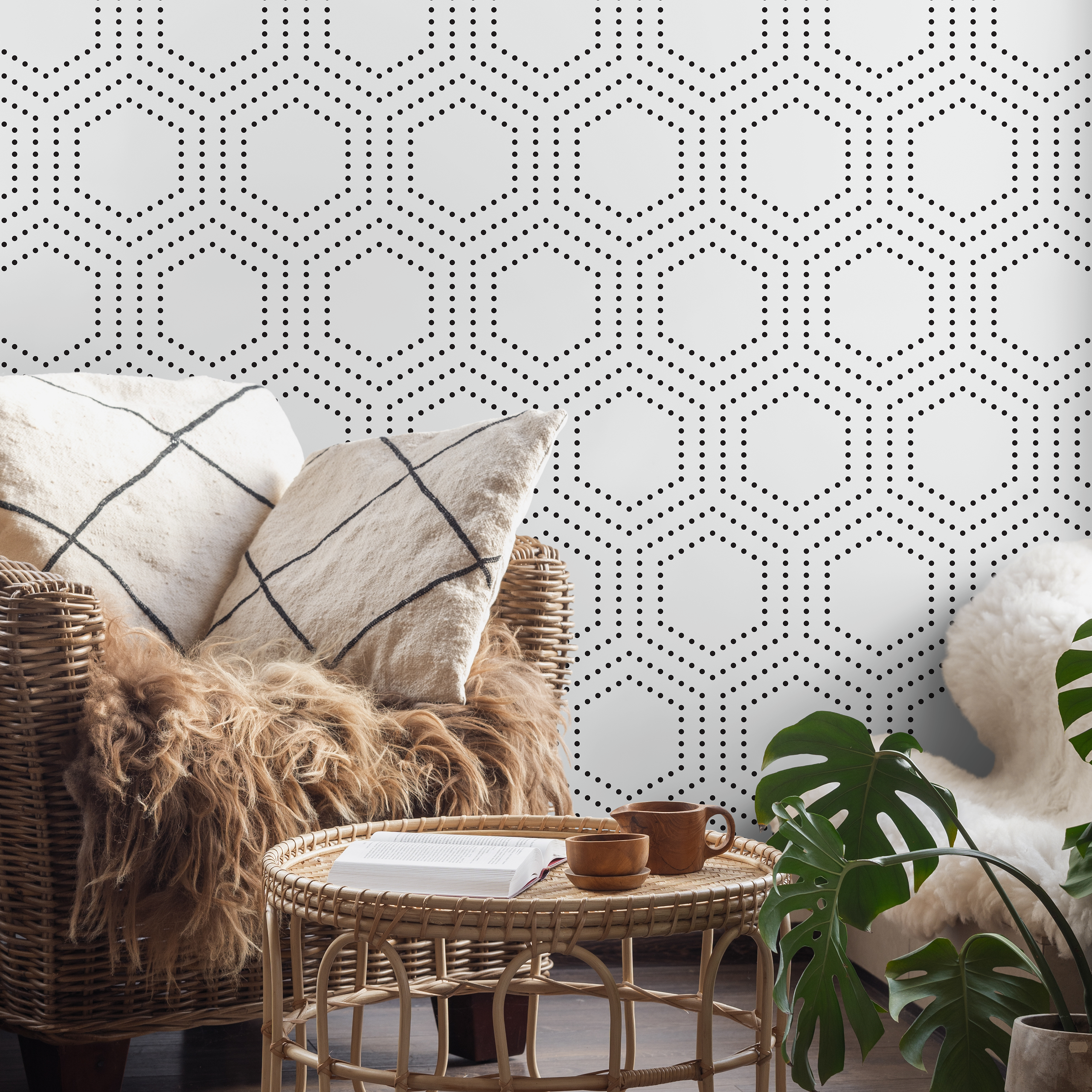 Geometric Wallpaper With A Dotted Hexagon Motif In Black - A730