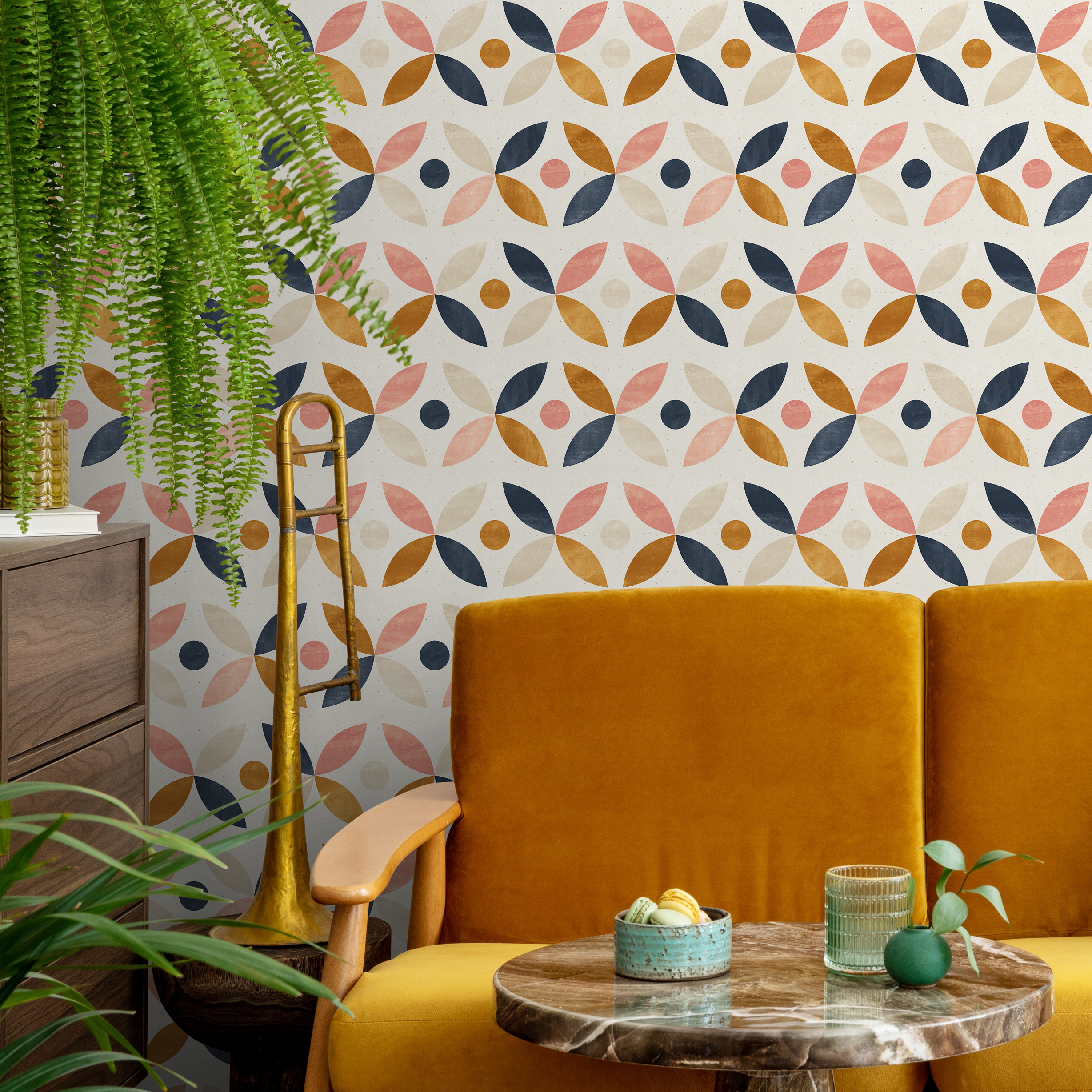 Geometric Wallpaper With An Interlocking Petal Motif In Navy Blue, Pink, And Mustard - A733