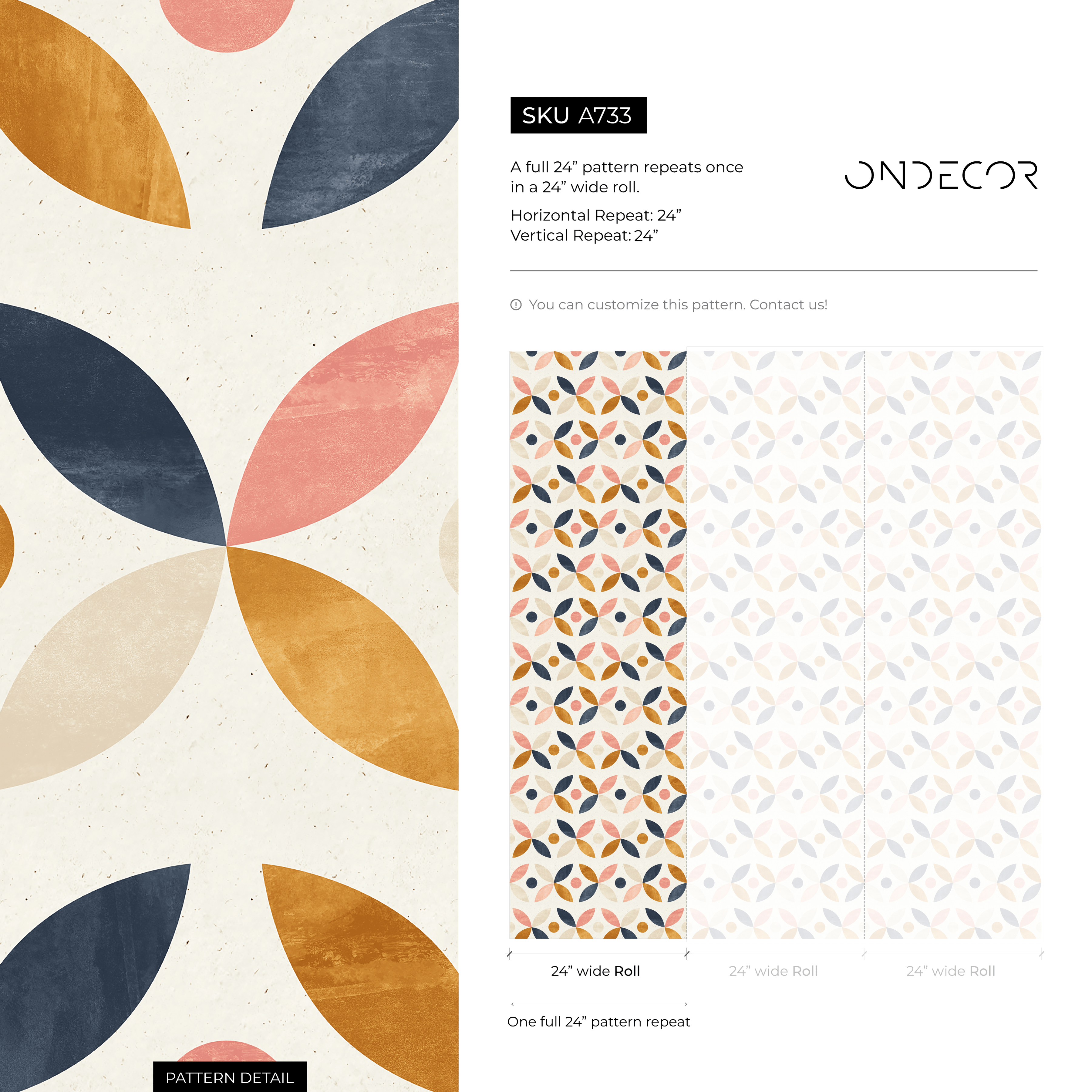Geometric Wallpaper With An Interlocking Petal Motif In Navy Blue, Pink, And Mustard - A733