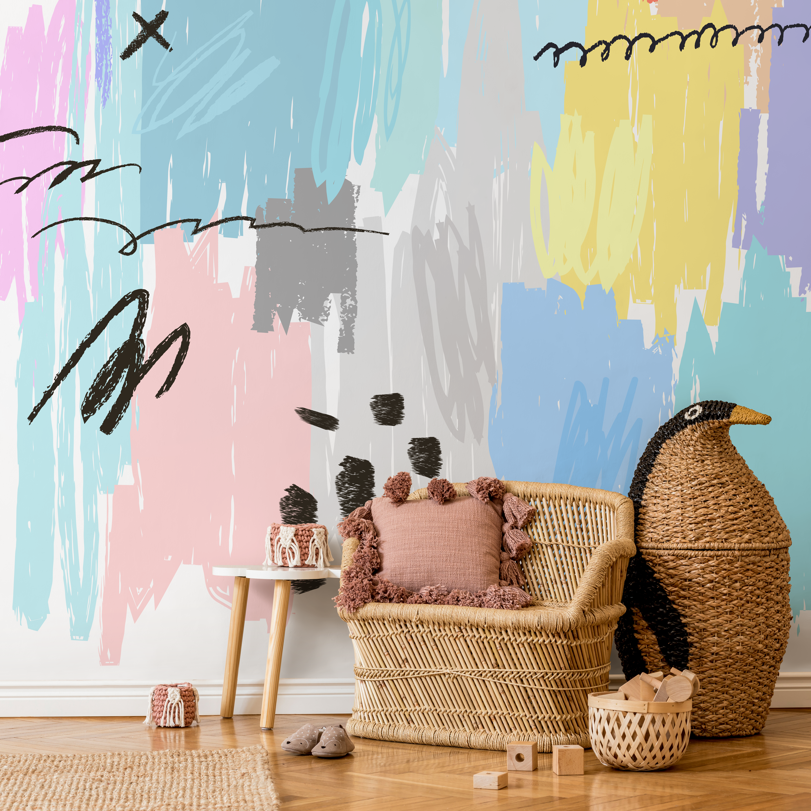 Abstract Wallpaper With Colorful Scribbles In Blue, Yellow, And Pink - A736