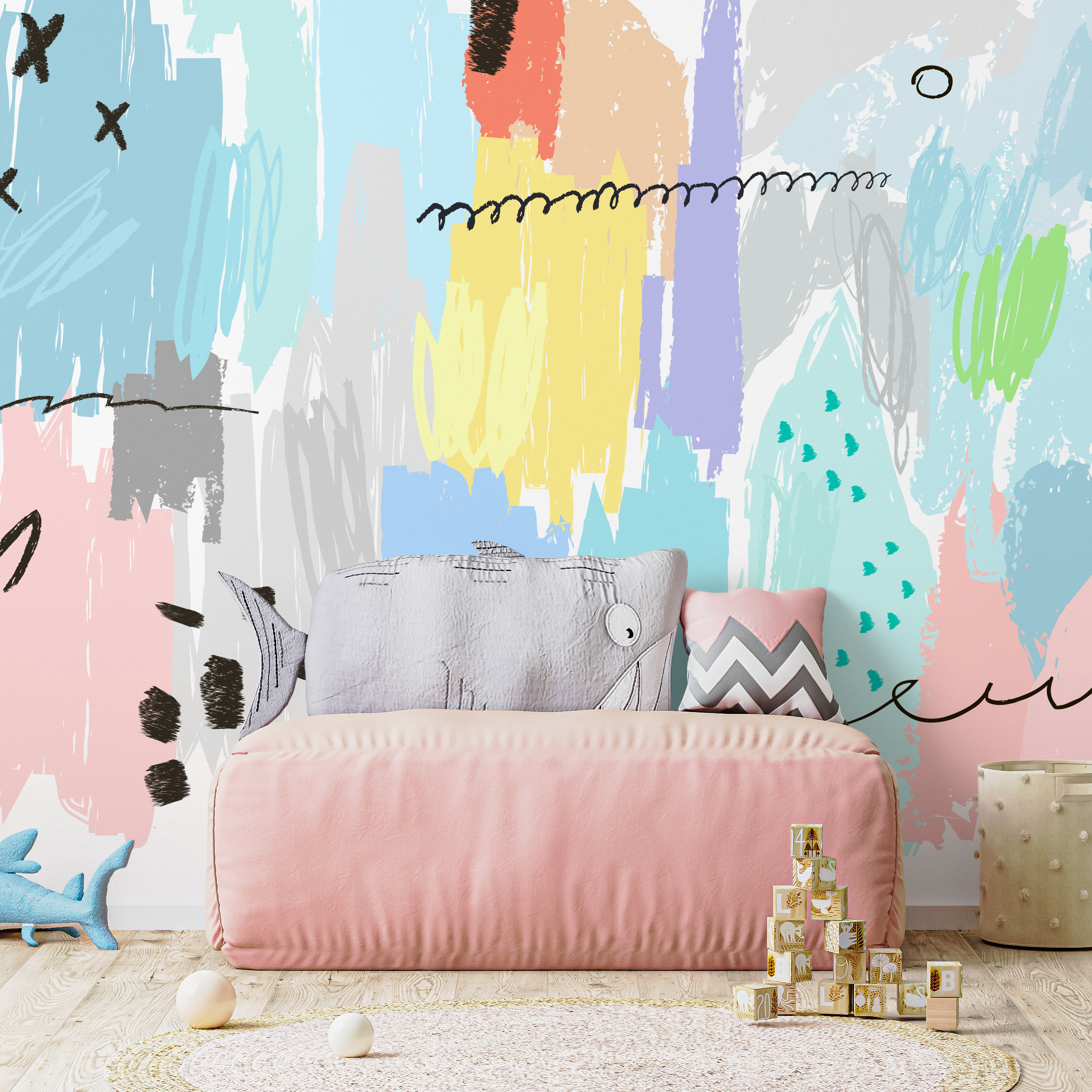 Abstract Wallpaper With Colorful Scribbles In Blue, Yellow, And Pink - A736