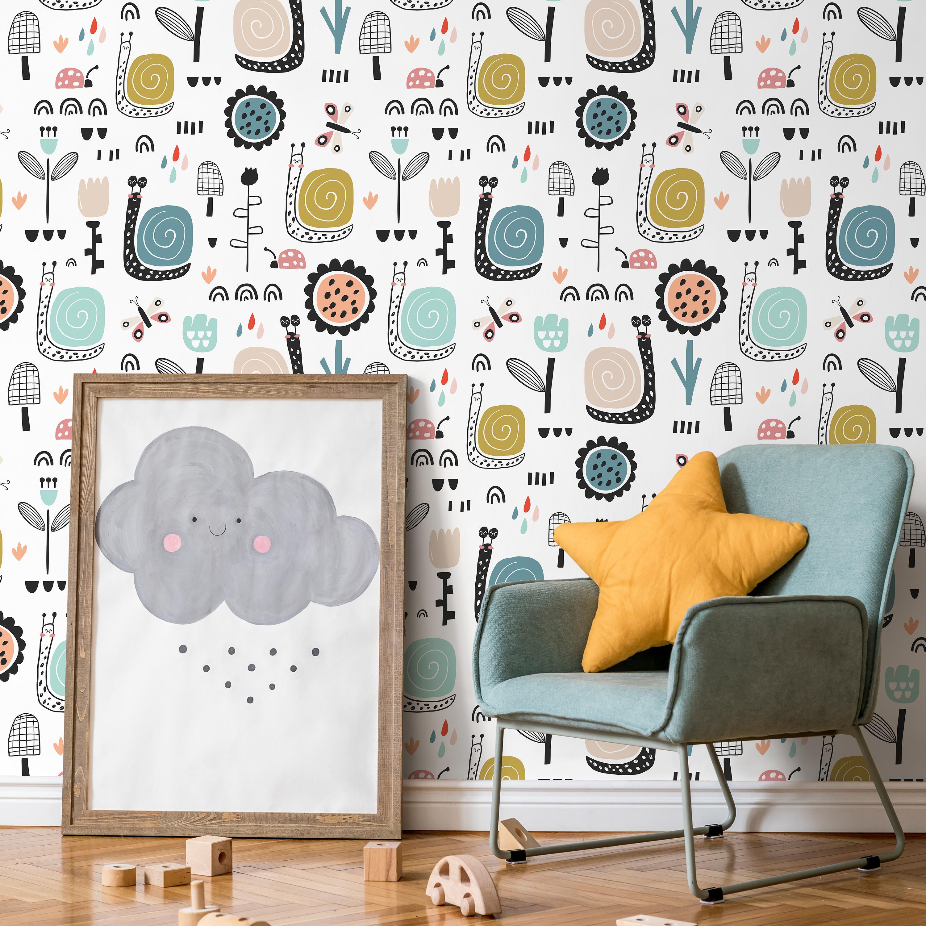 Kids Wallpaper With Whimsical Snails And Florals In Blue, Gold, And Pink - A742