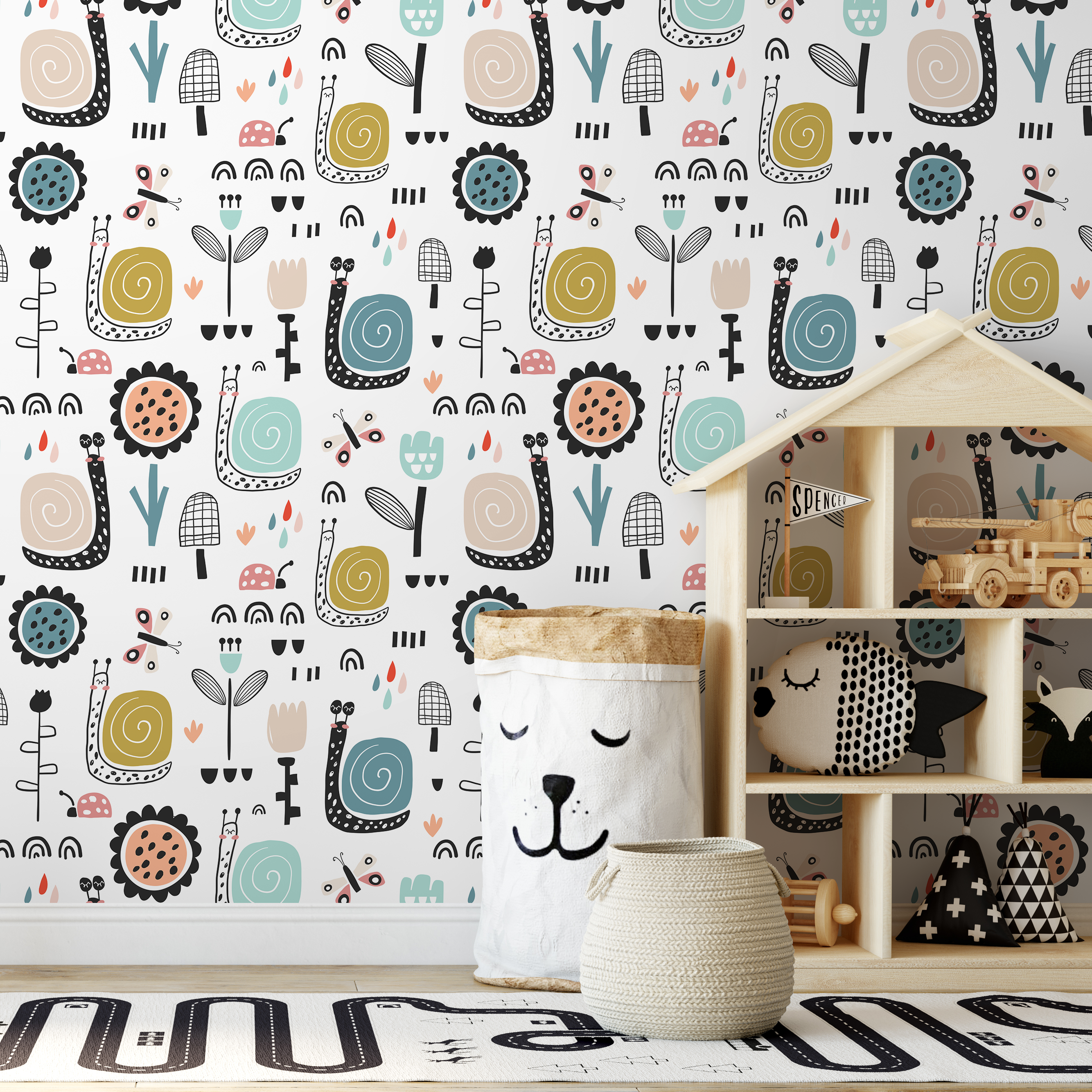 Kids Wallpaper With Whimsical Snails And Florals In Blue, Gold, And Pink - A742