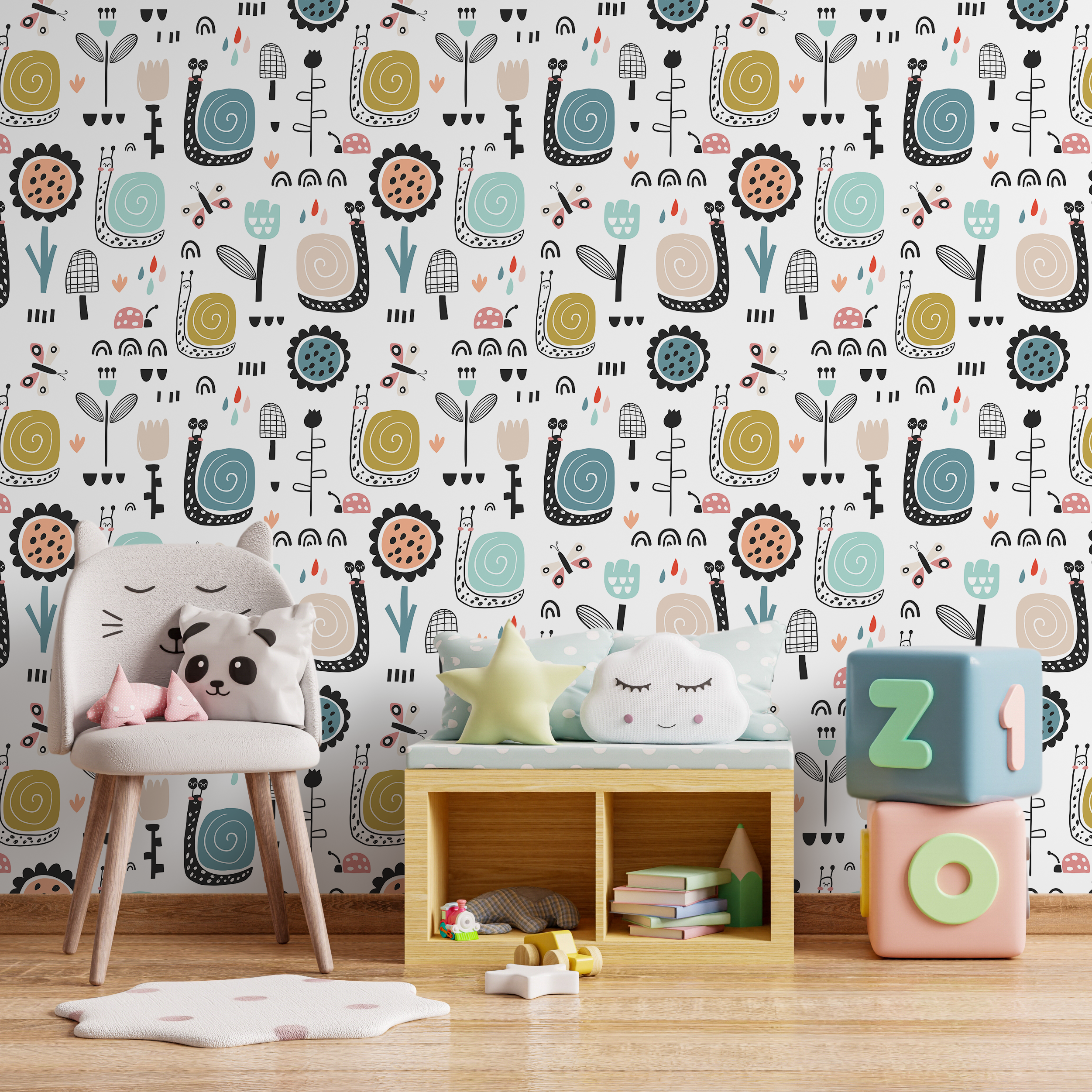 Kids Wallpaper With Whimsical Snails And Florals In Blue, Gold, And Pink - A742