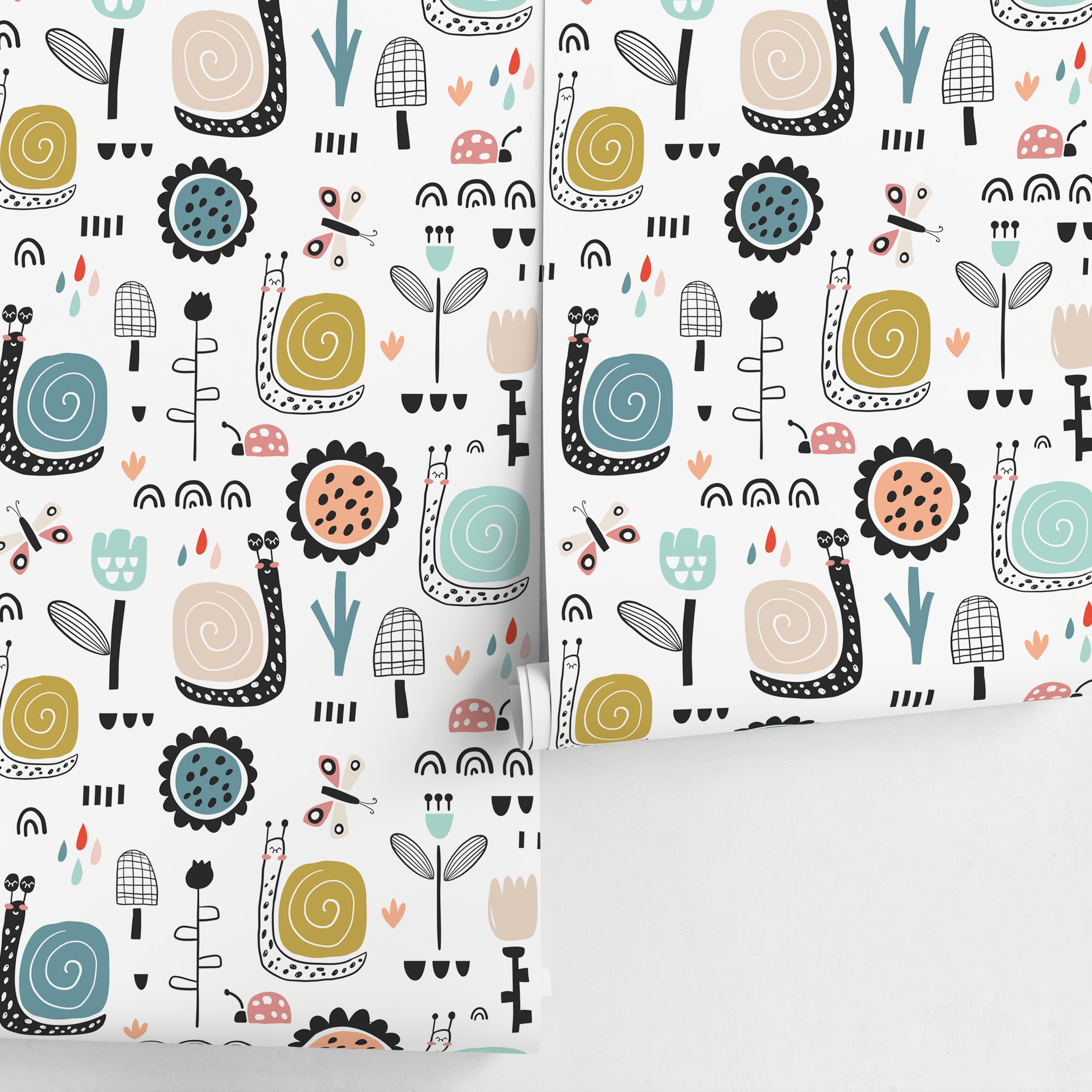 Kids Wallpaper With Whimsical Snails And Florals In Blue, Gold, And Pink - A742