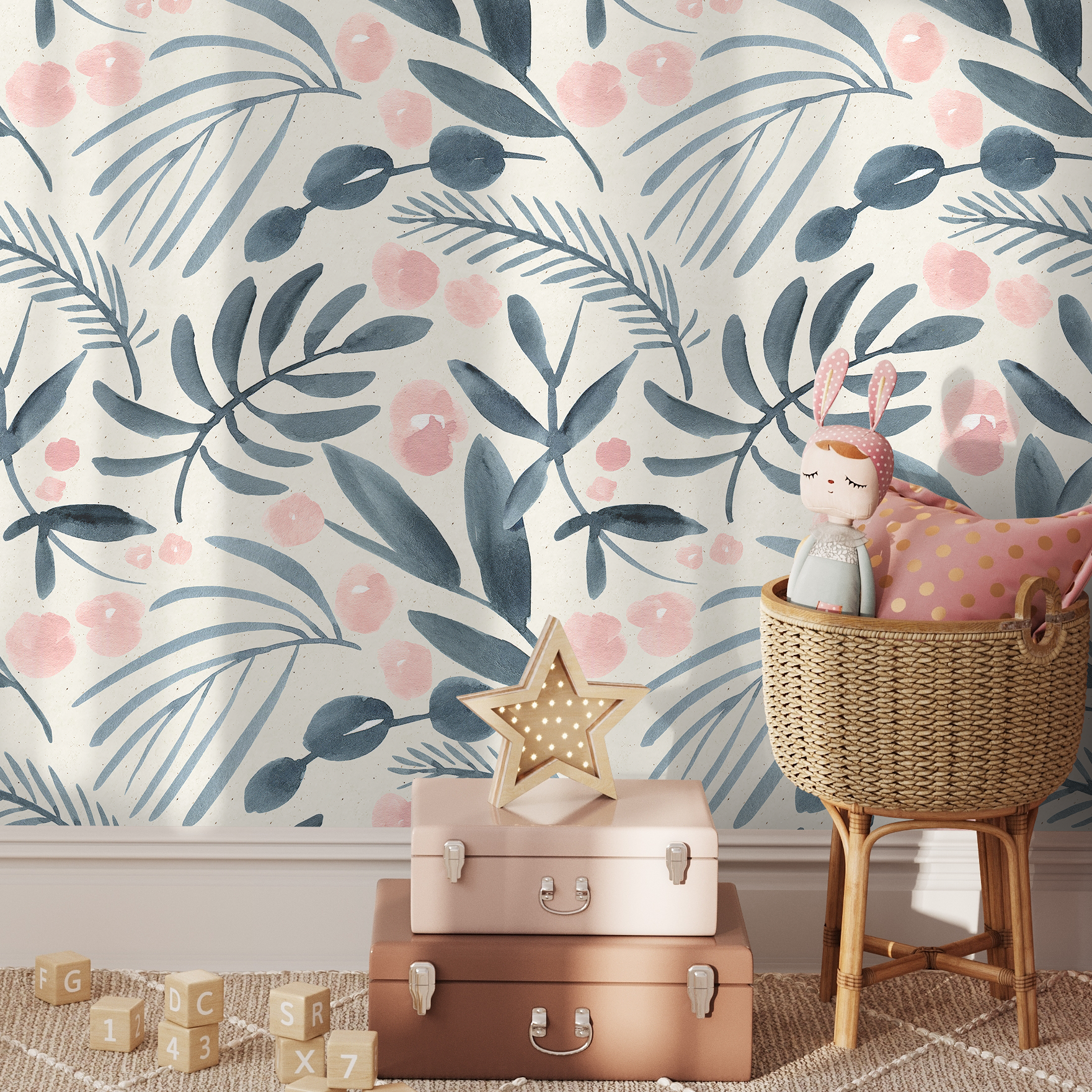 Scandinavian Wallpaper With Painted Leaves And Flowers In Blue And Pink - A748