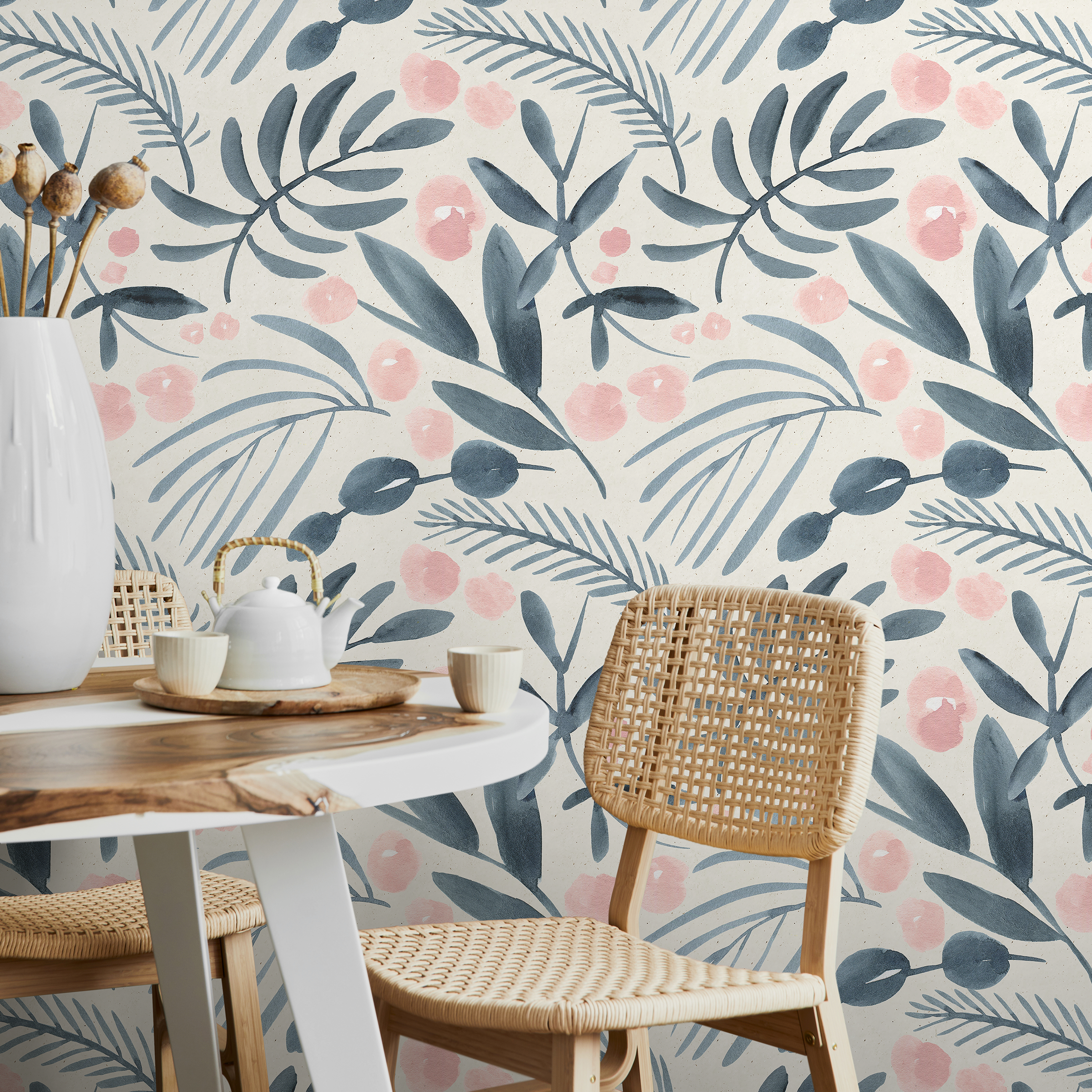 Scandinavian Wallpaper With Painted Leaves And Flowers In Blue And Pink - A748